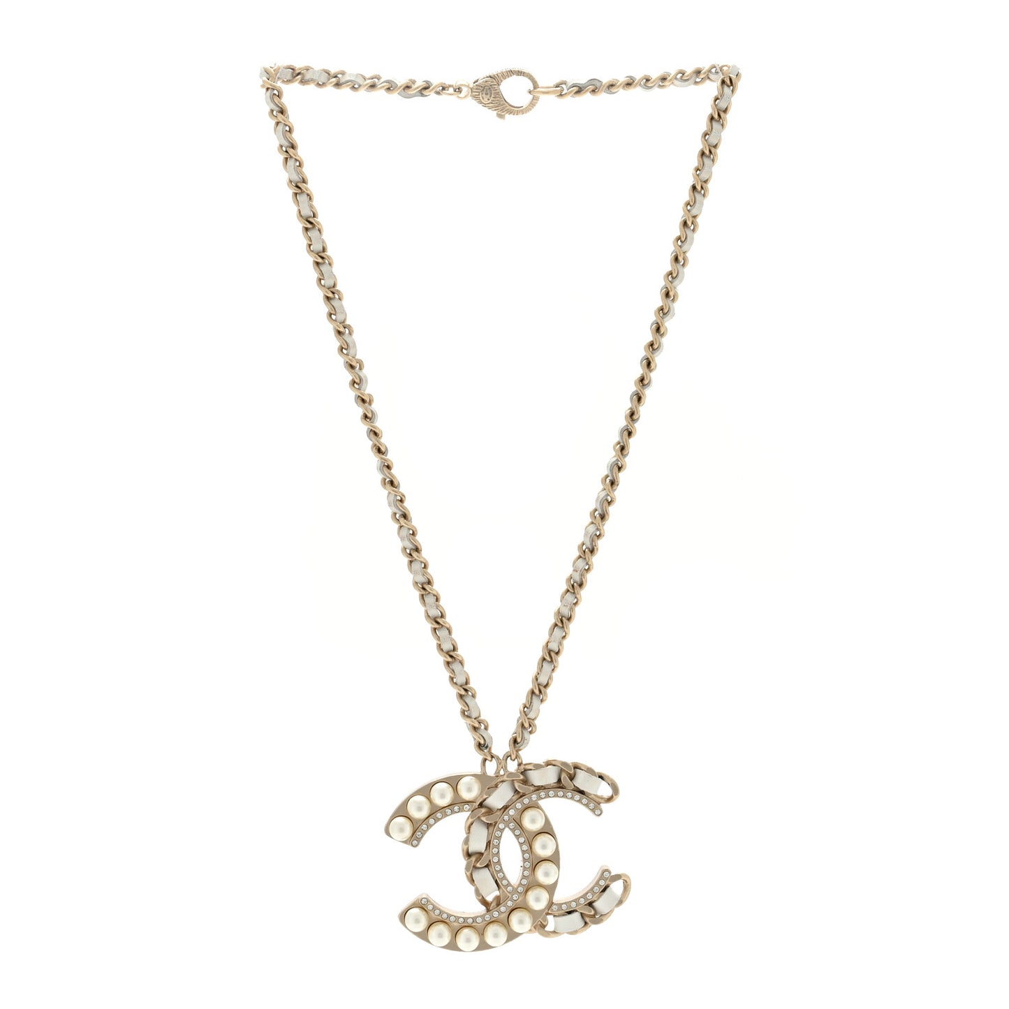 Pearl Crystal Lambskin Chain CC Necklace White Gold