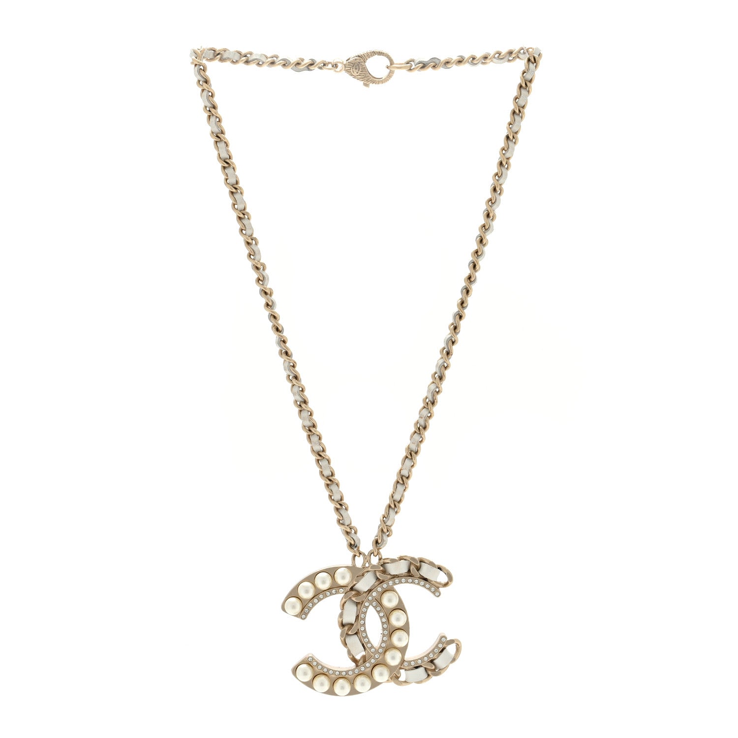 Chanel Pearl Crystal Lambskin Chain CC Necklace White Gold 2 of 3
