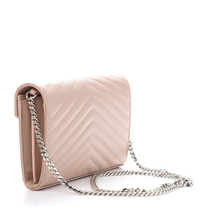 Saint Laurent Grain De Poudre Matelasse Chevron Monogram Chain Wallet Pale Pink 2 of 8