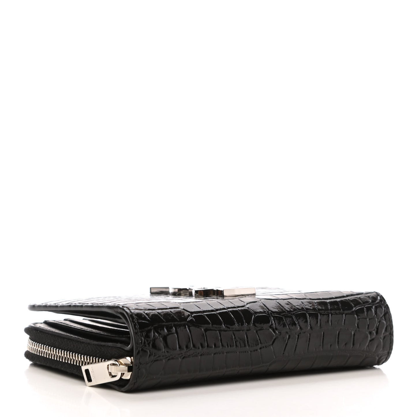Calfskin Crocodile Embossed Monogram Compact Wallet Black