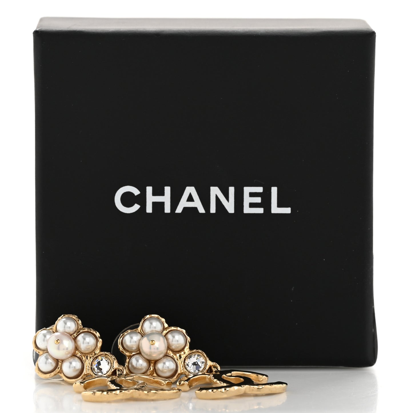 Pearl Crystal CC Flower Drop Earrings Gold White