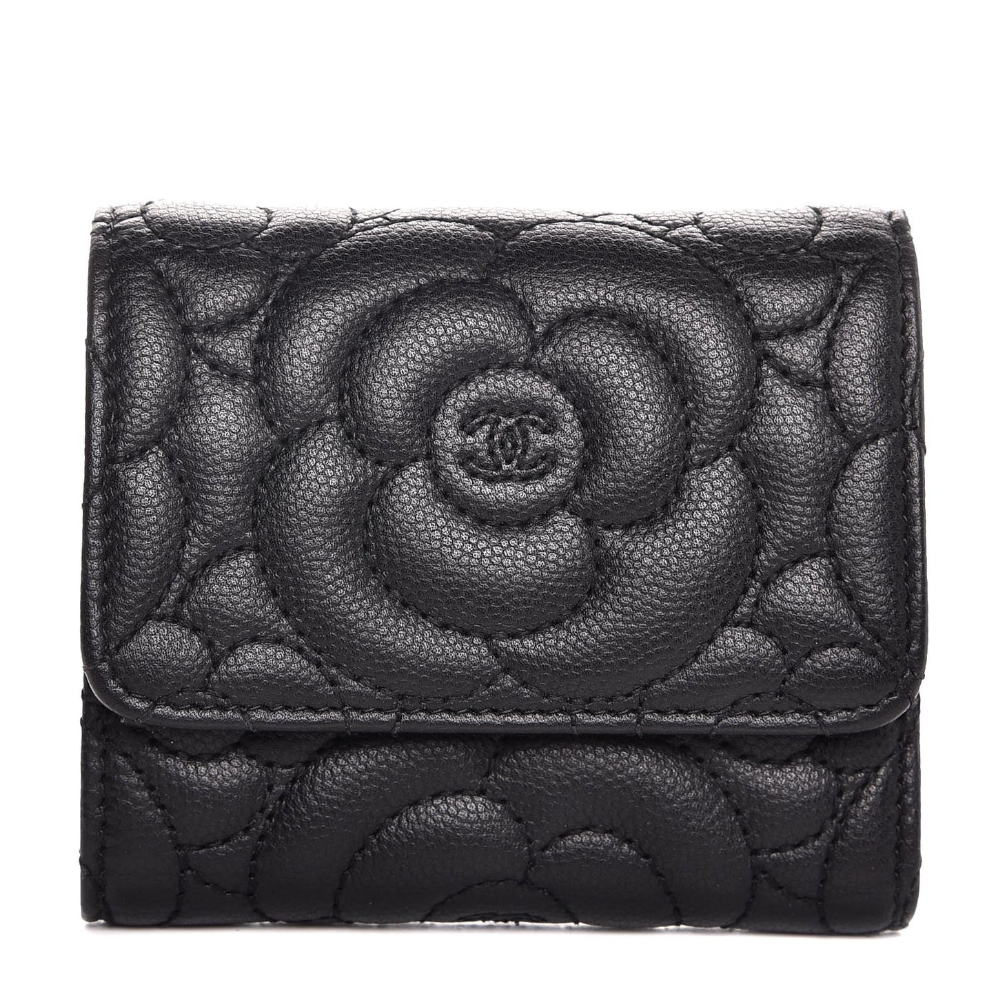 Caviar Camellia Embossed Compact Wallet Black