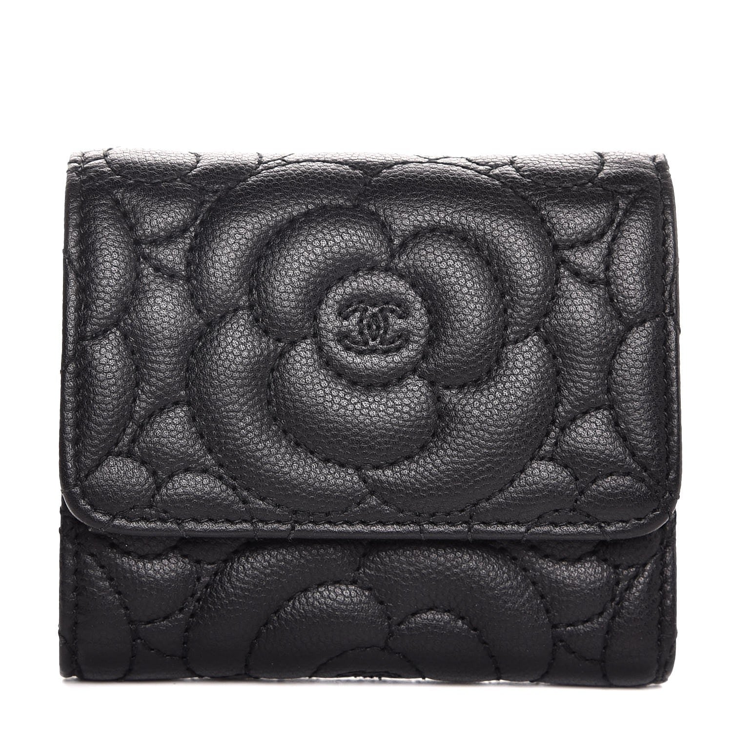 Chanel Caviar Camellia Embossed Compact Wallet Black 1 of 8