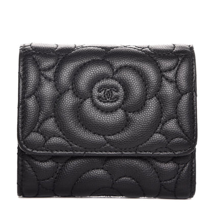 Chanel Caviar Camellia Embossed Compact Wallet Black 1 of 8