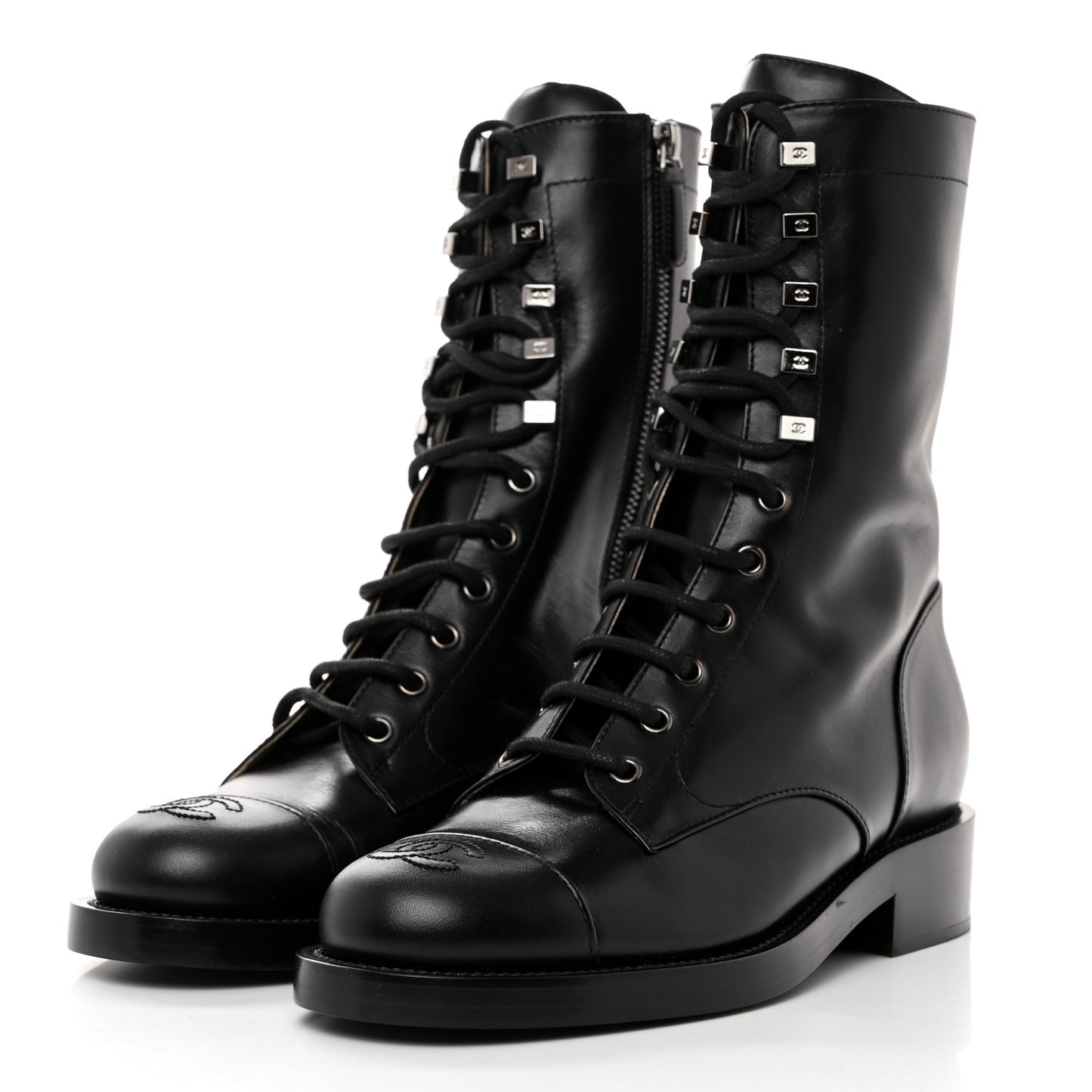 Calfskin Cap Toe Lace Up Combat Boots 39 Black