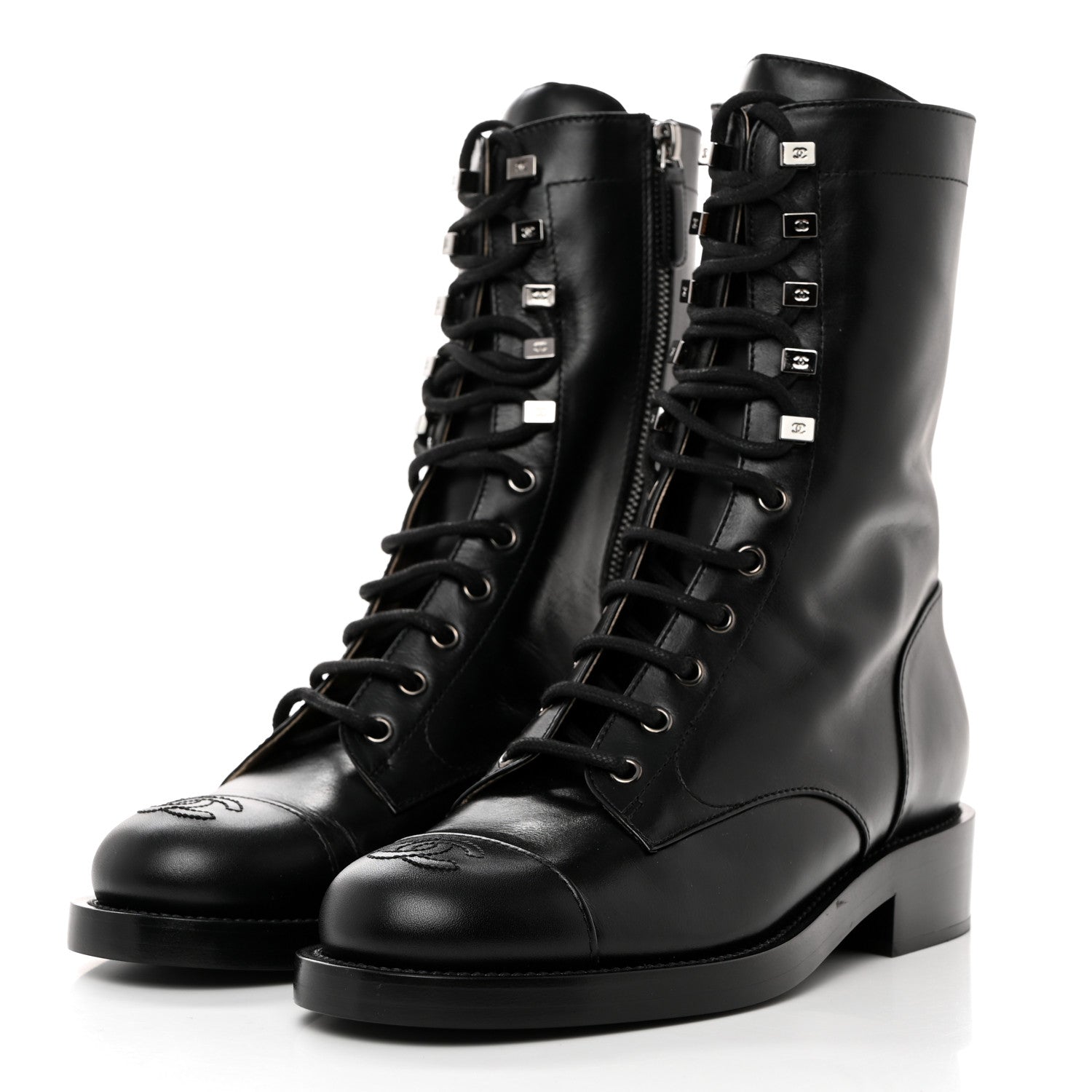 Chanel Calfskin Cap Toe Lace Up Combat Boots 39 Black 3 of 8