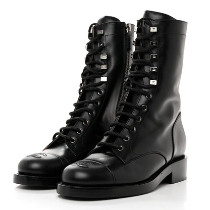 Chanel Calfskin Cap Toe Lace Up Combat Boots 39 Black 3 of 8