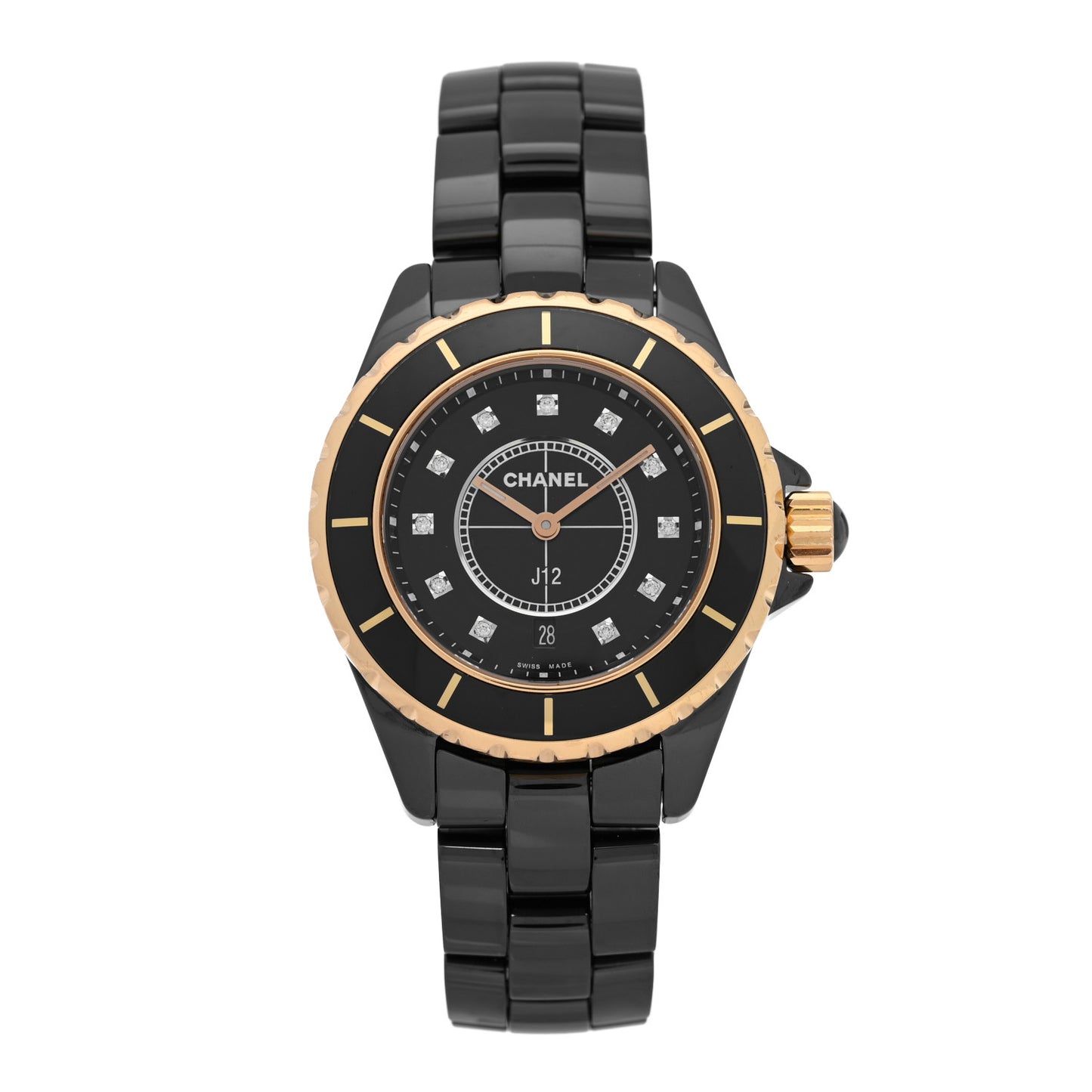 Stainless Steel 18K Yellow Gold Ceramic Diamond 33mm J12 Quartz Watch Black