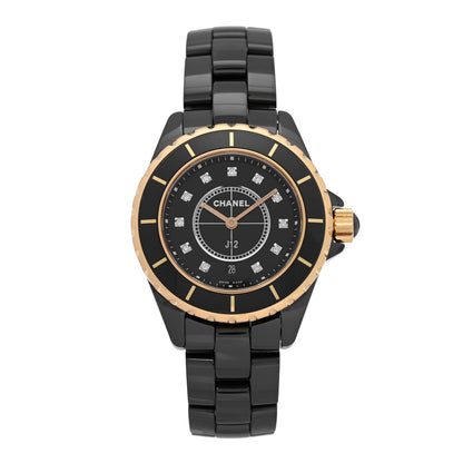 Chanel Stainless Steel 18K Yellow Gold Ceramic Diamond 33mm J12 Quartz Watch Black 1 of 4