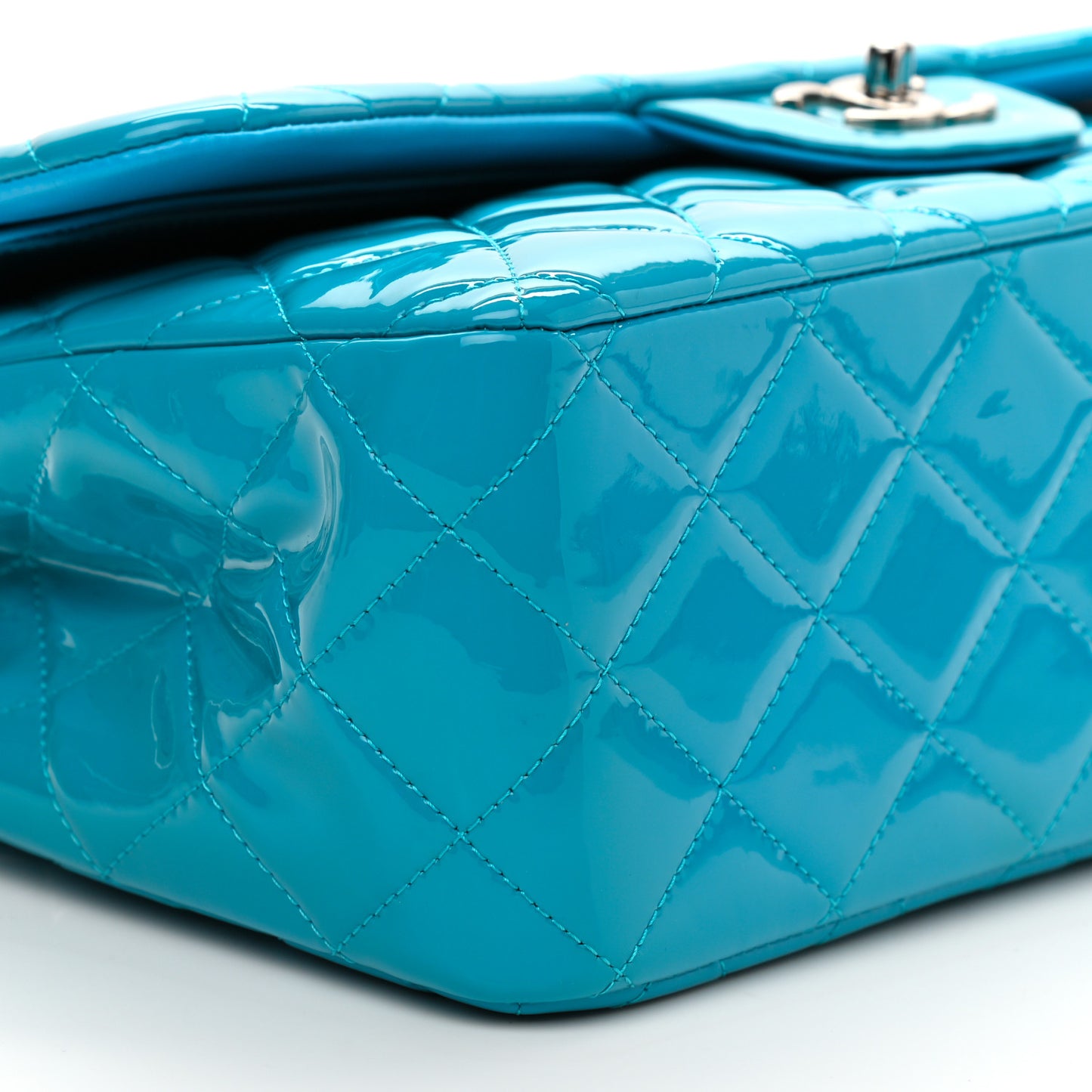 Patent Calfskin Quilted Jumbo Double Flap Turquoise