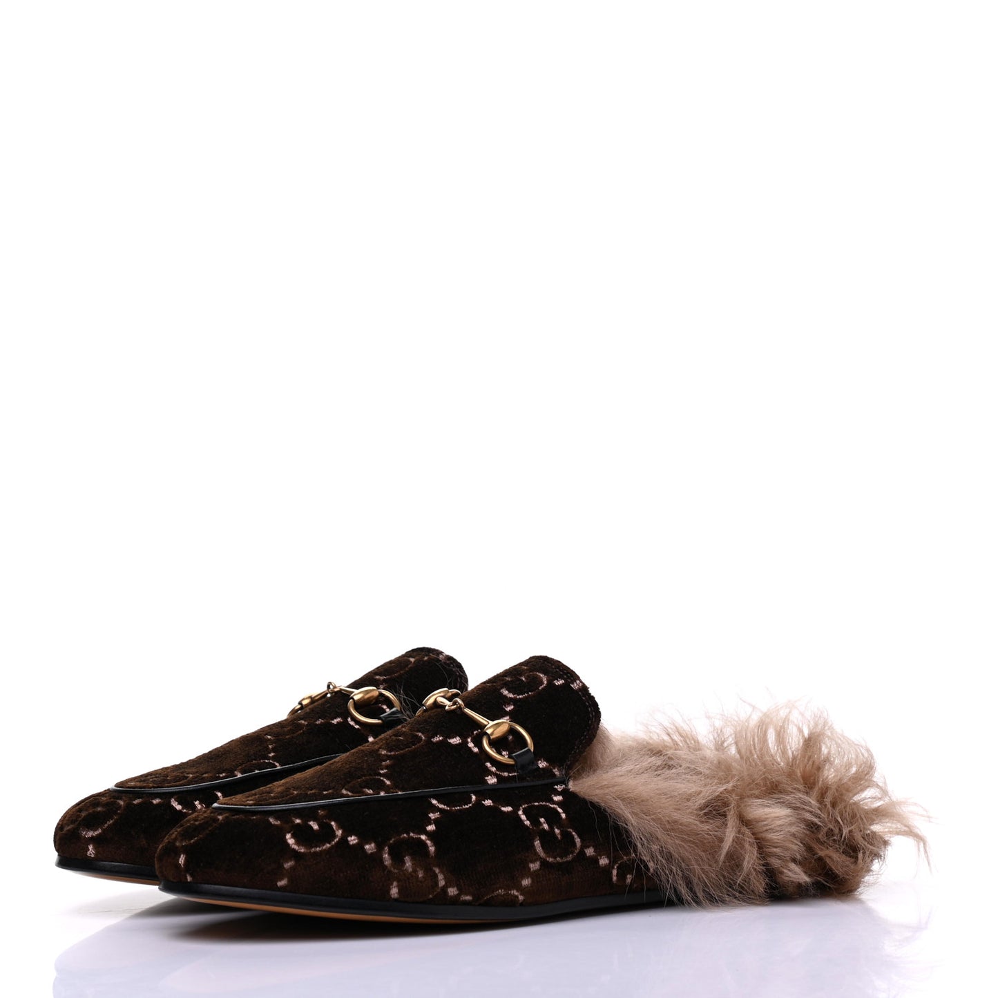 Velvet GG Monogram Fur Womens Princetown Slippers 38.5 Brown Black Natural