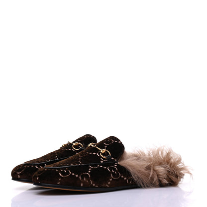 Gucci Velvet GG Monogram Fur Womens Princetown Slippers 38.5 Brown Black Natural 3 of 11