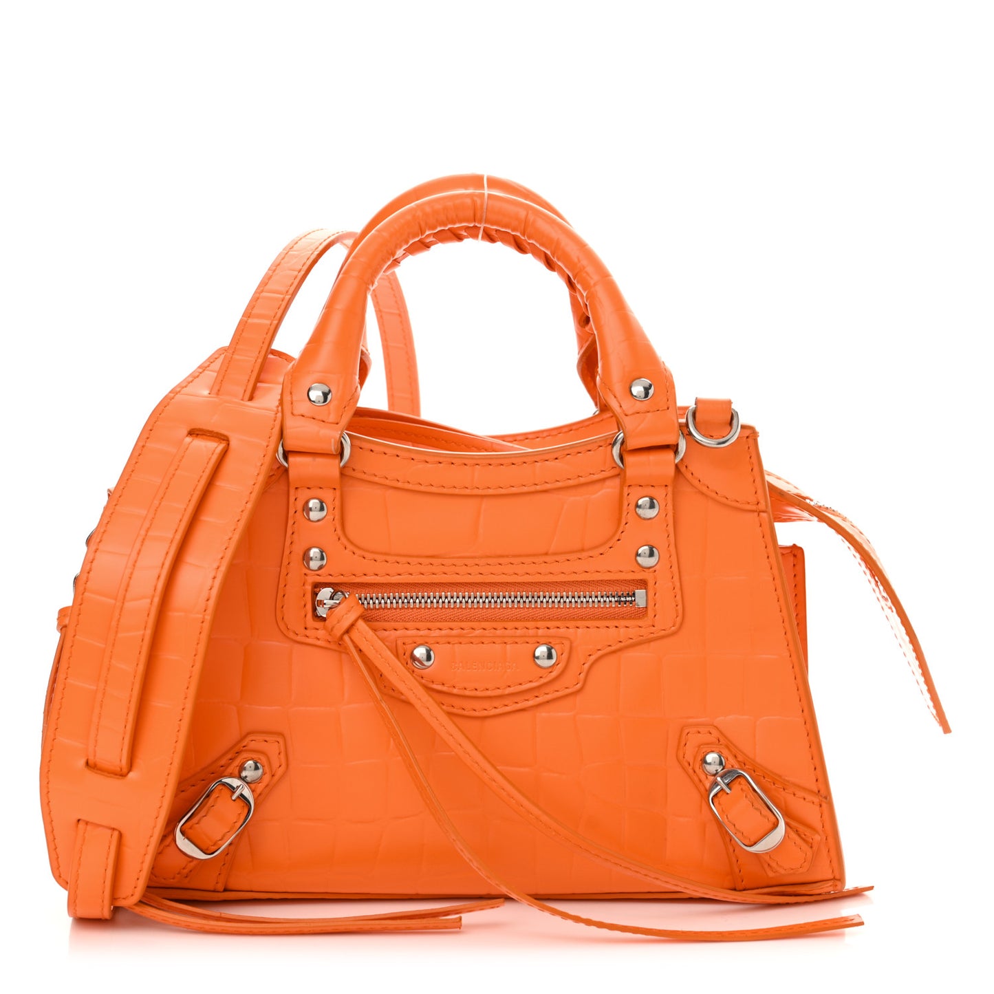 Semi Shiny Calfskin Crocodile Embossed Neo Classic Silver Hardware Mini City Orange