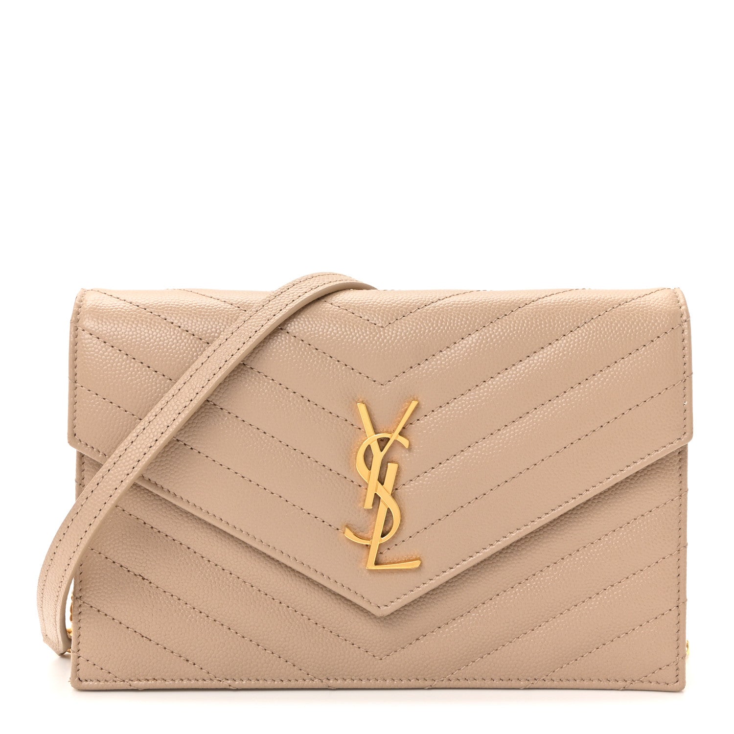 Saint Laurent Grain De Poudre Matelasse Chevron Monogram Envelope Chain Wallet Dark Beige 1 of 9
