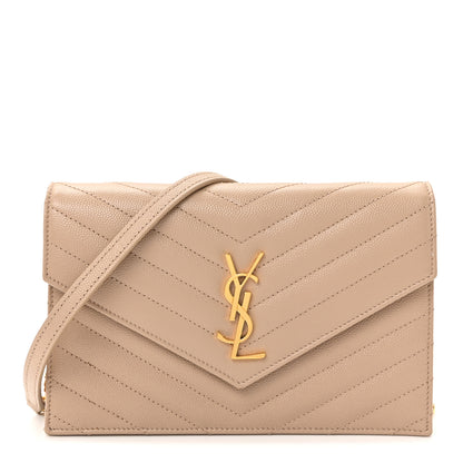 Saint Laurent Grain De Poudre Matelasse Chevron Monogram Envelope Chain Wallet Dark Beige 1 of 9