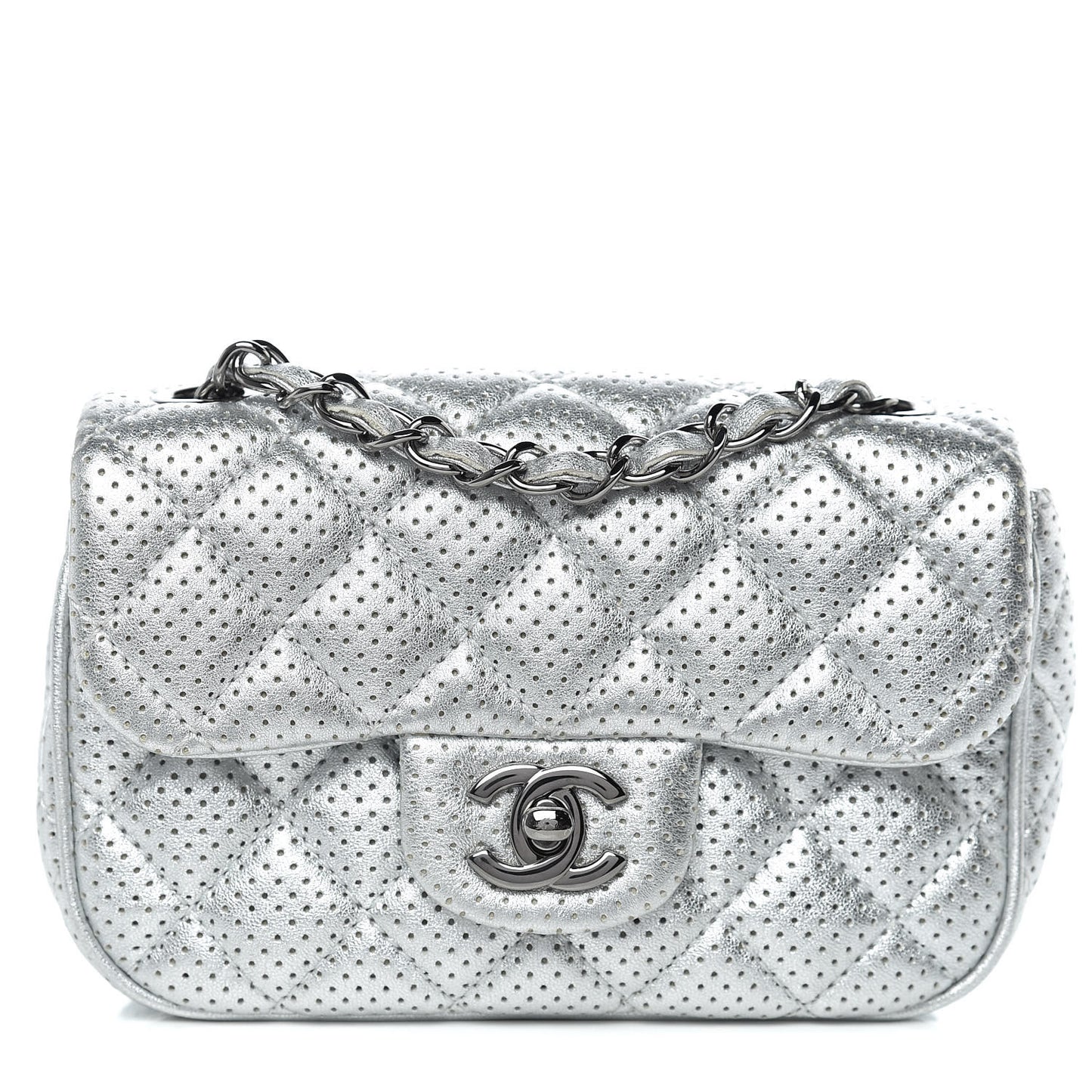 Metallic Lambskin Perforated Mini Rectangular Flap Silver