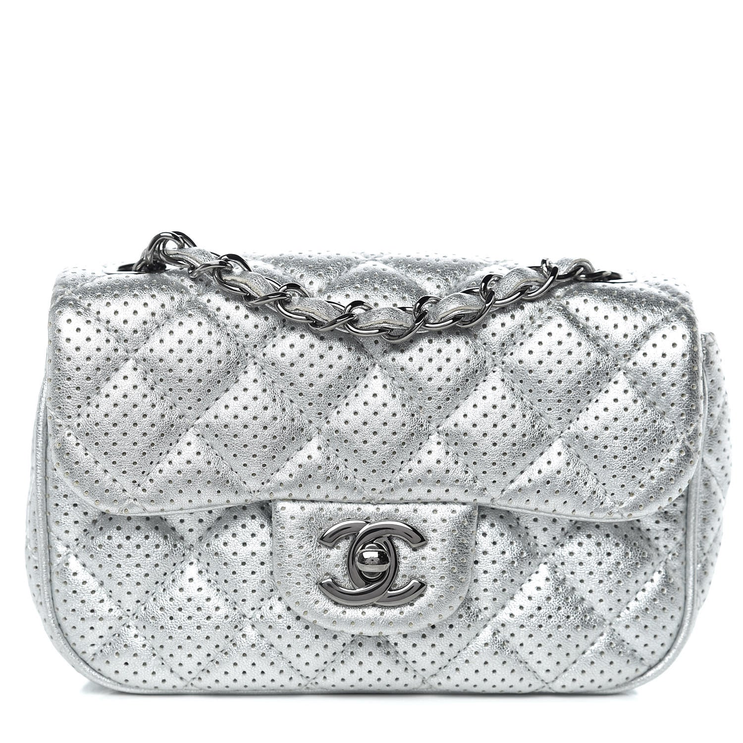 Chanel Metallic Lambskin Perforated Mini Rectangular Flap Silver 1 of 13