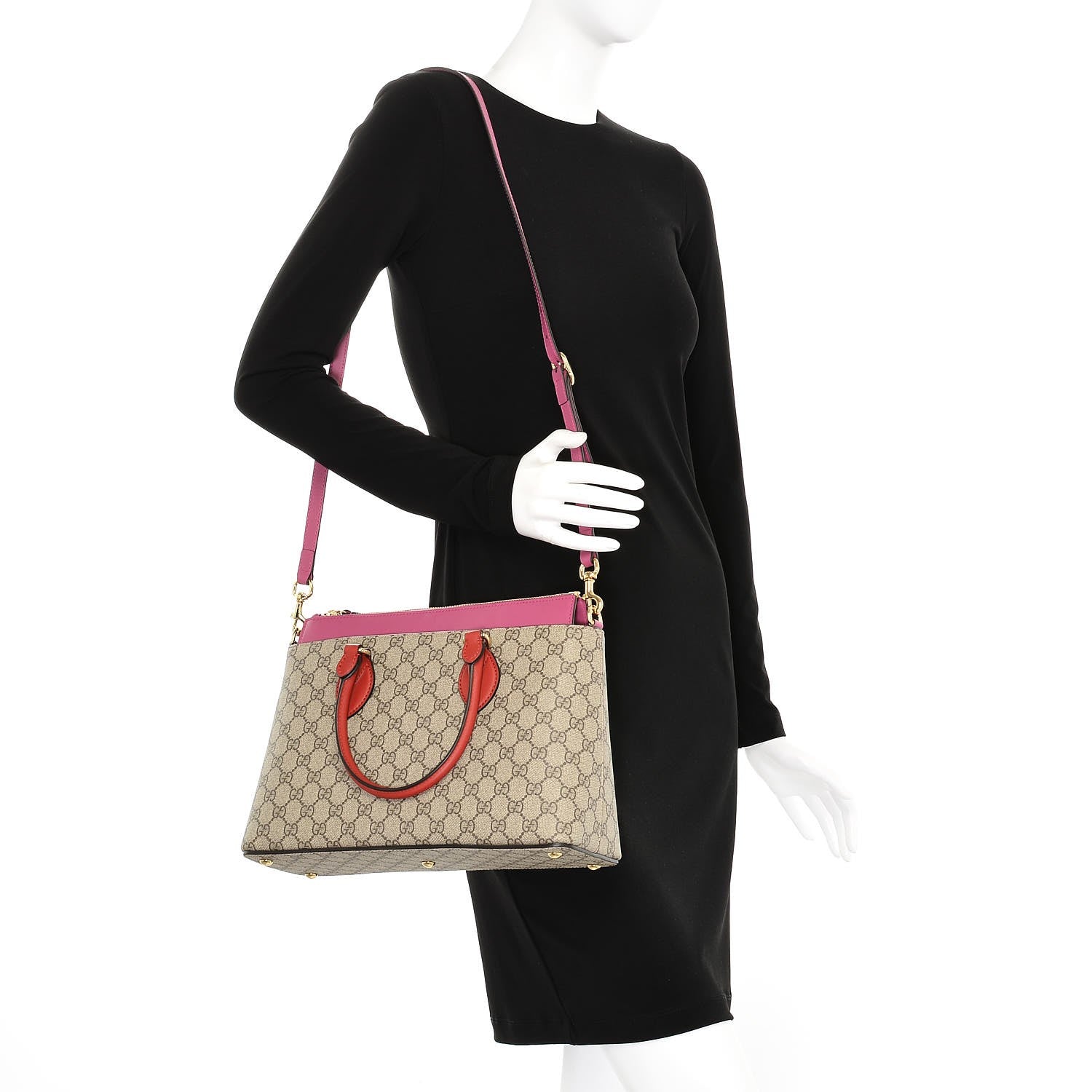 Gucci GG Supreme Monogram Moon Calfskin Small Zip Top Tote Beige Ebony Hibiscus Red New Rosette 2 of 7