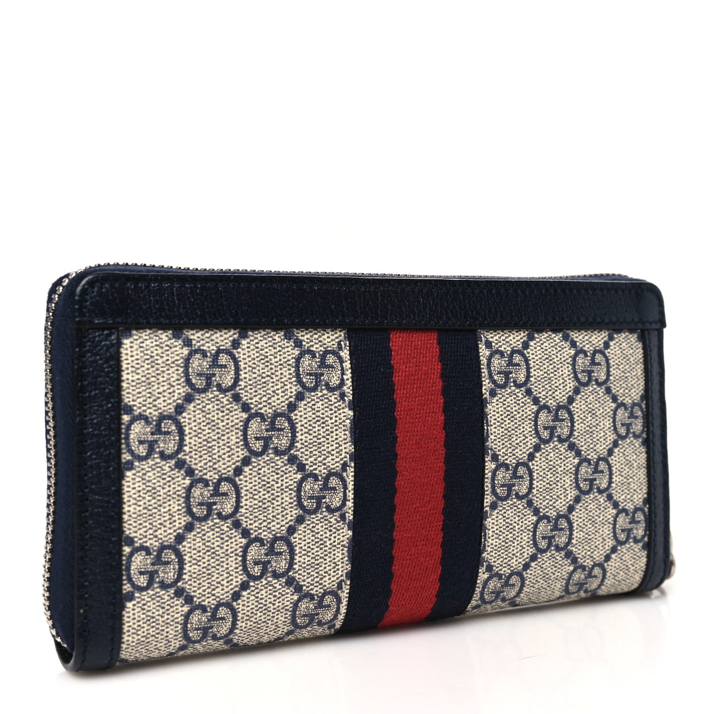 GG Supreme Monogram Textured Dollar Calfskin Web Ophidia Zip Around Wallet Beige Blue