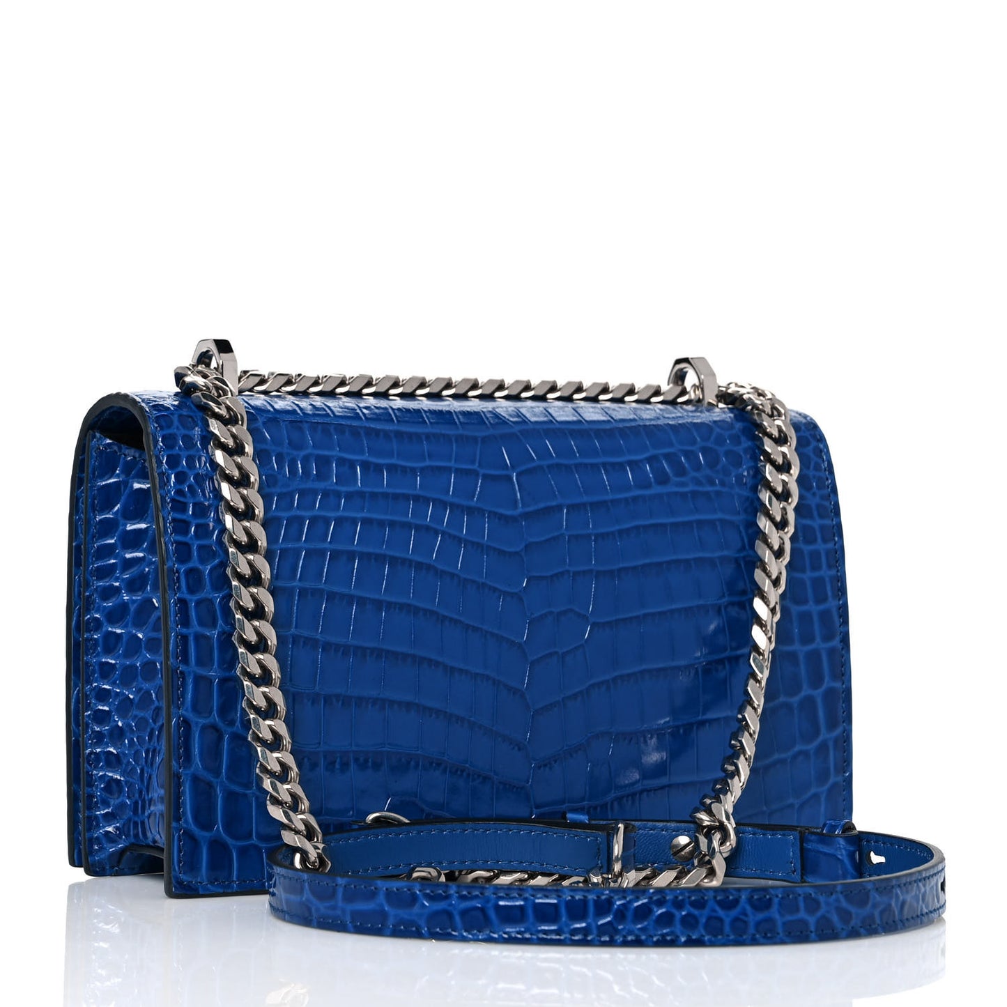 Shiny Crocodile Embossed Jeweled Satchel Industrial Blue