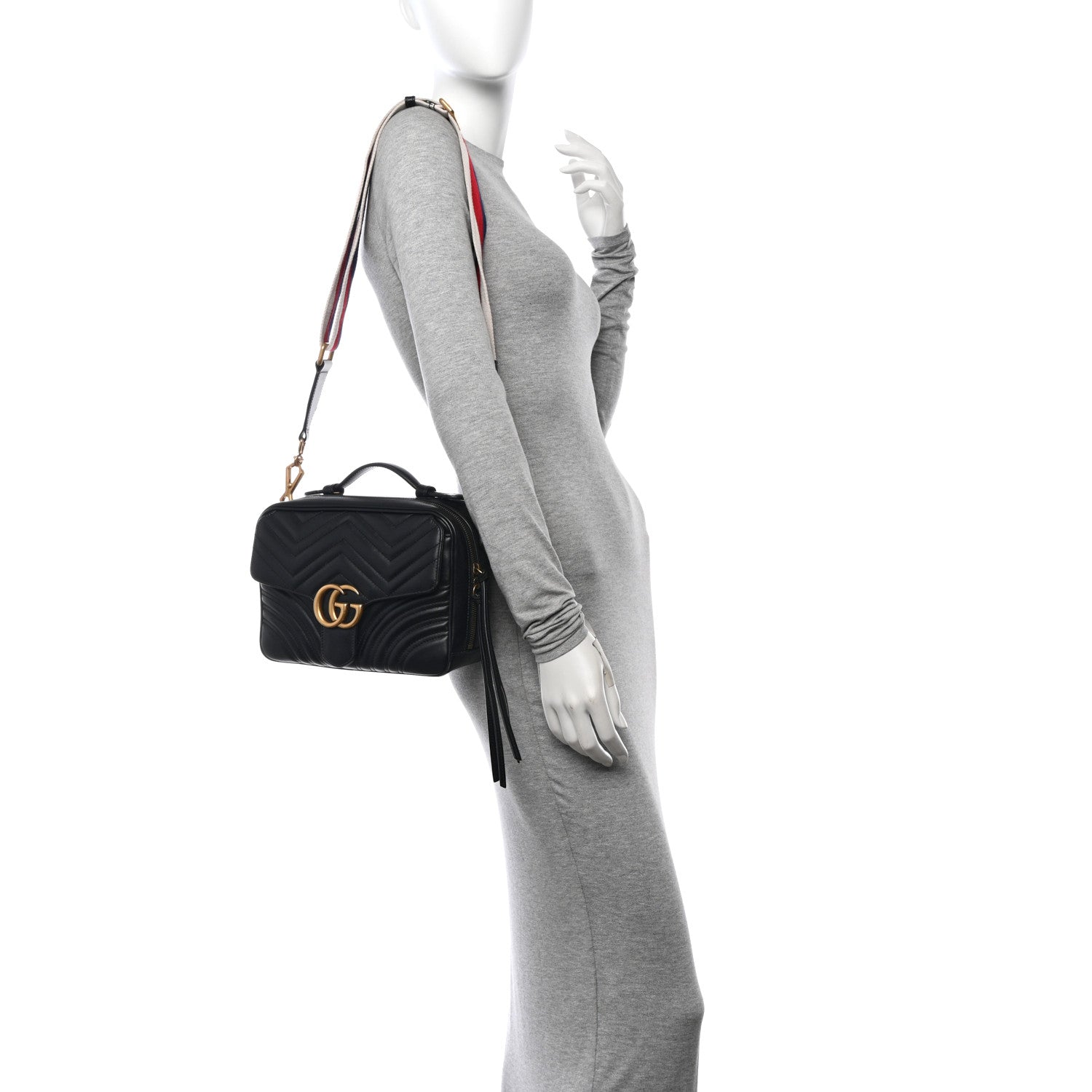 Gucci Calfskin Matelasse Sylvie Web Small GG Marmont Top Handle Shoulder Bag Black 2 of 14
