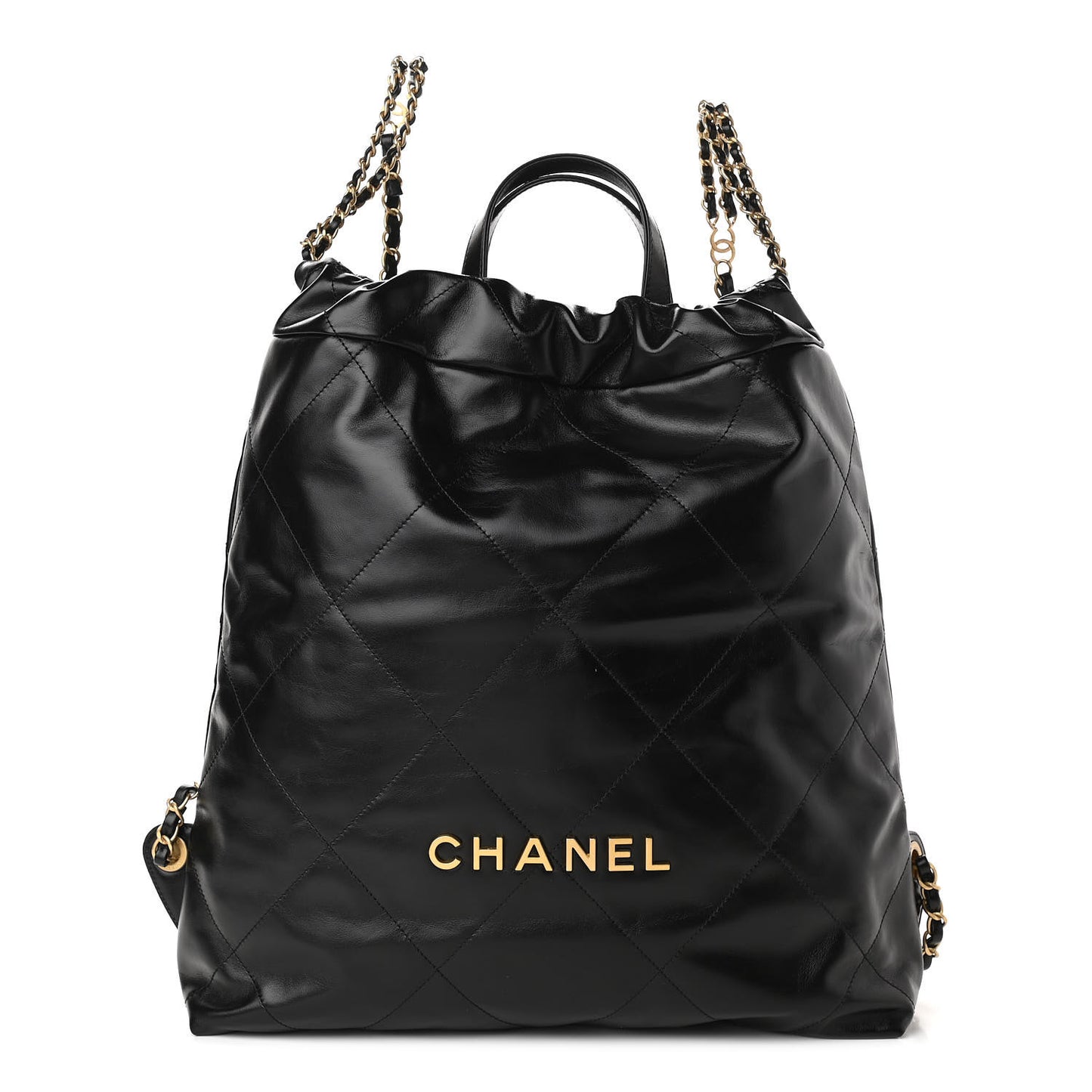 Shiny Calfskin Quilted Chanel 22 Backpack Black