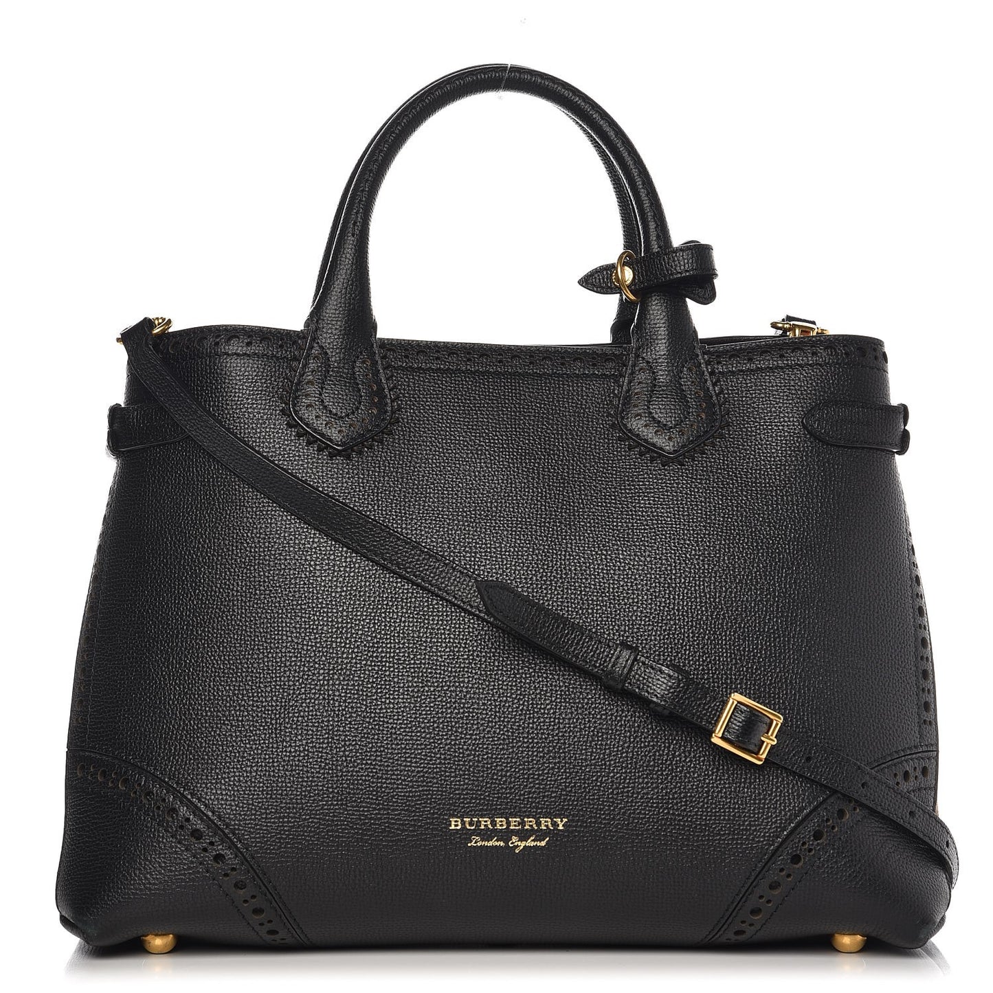 Grainy Calfskin Perforated House Check Medium Brogue Banner Tote Black