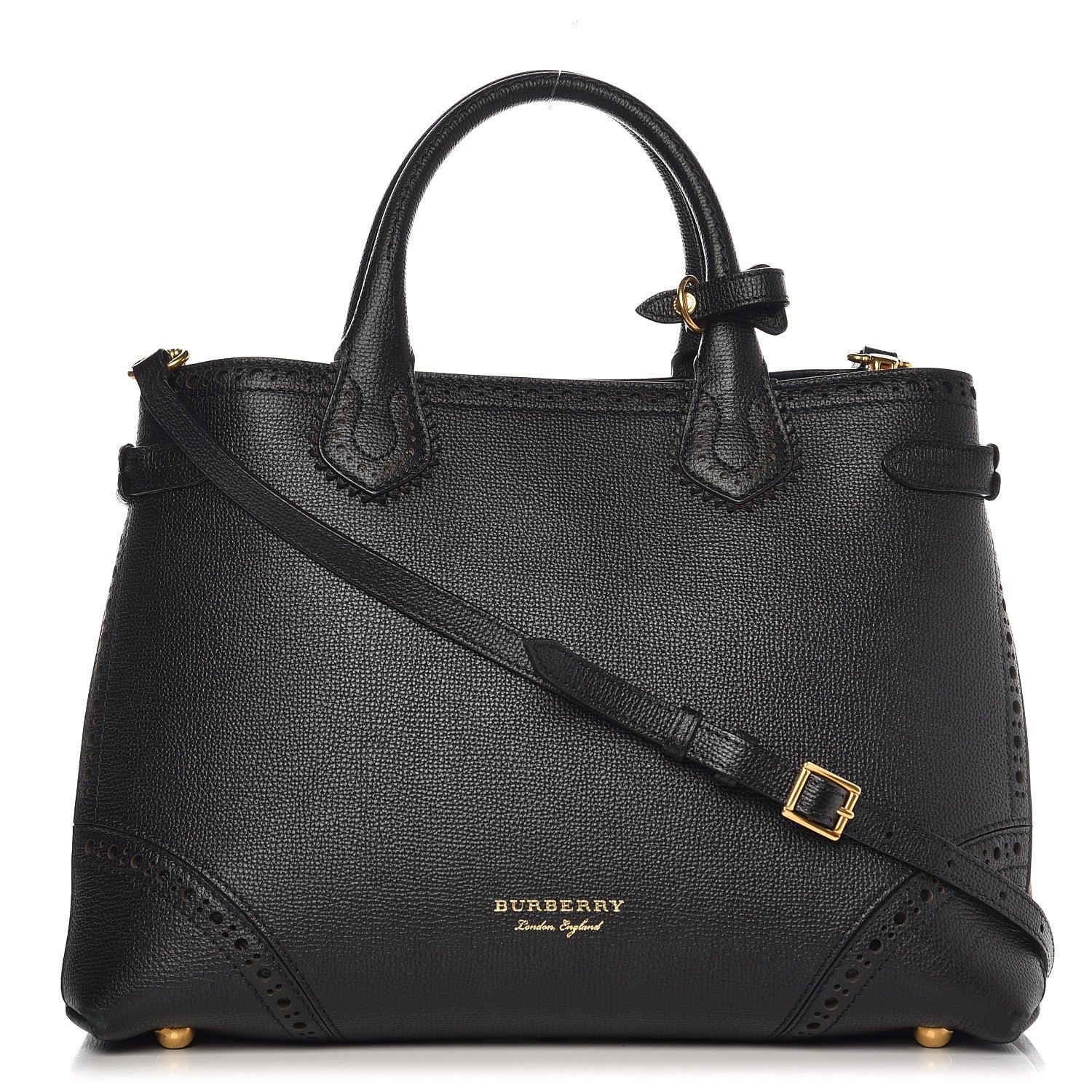 Burberry Grainy Calfskin Perforated House Check Medium Brogue Banner Tote Black 1 of 12