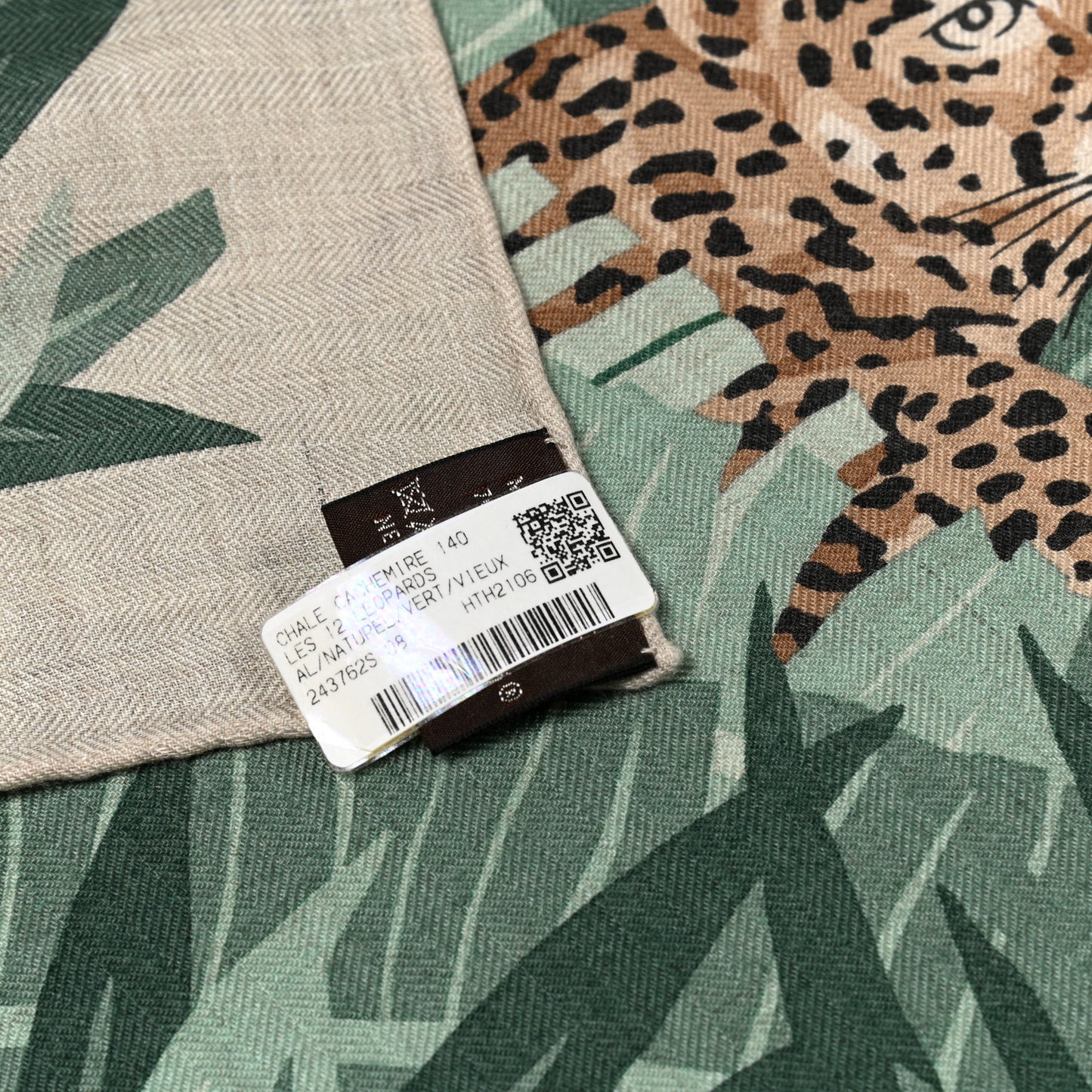 Cashmere Silk Les Douze Leopards Shawl 140 Naturel Vert Vieux