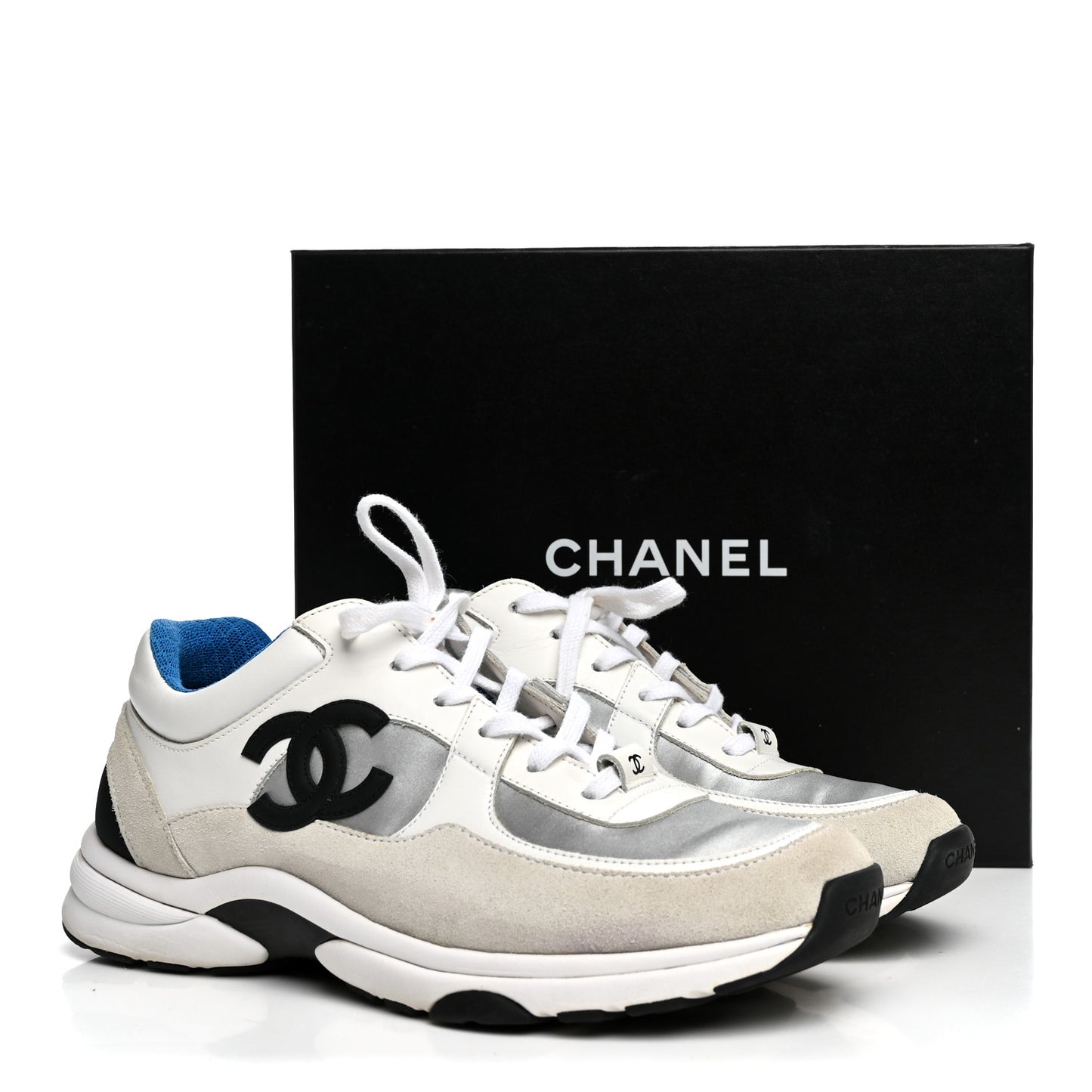Calfskin Fabric Sneakers 39.5 White Silver Fluo Blue