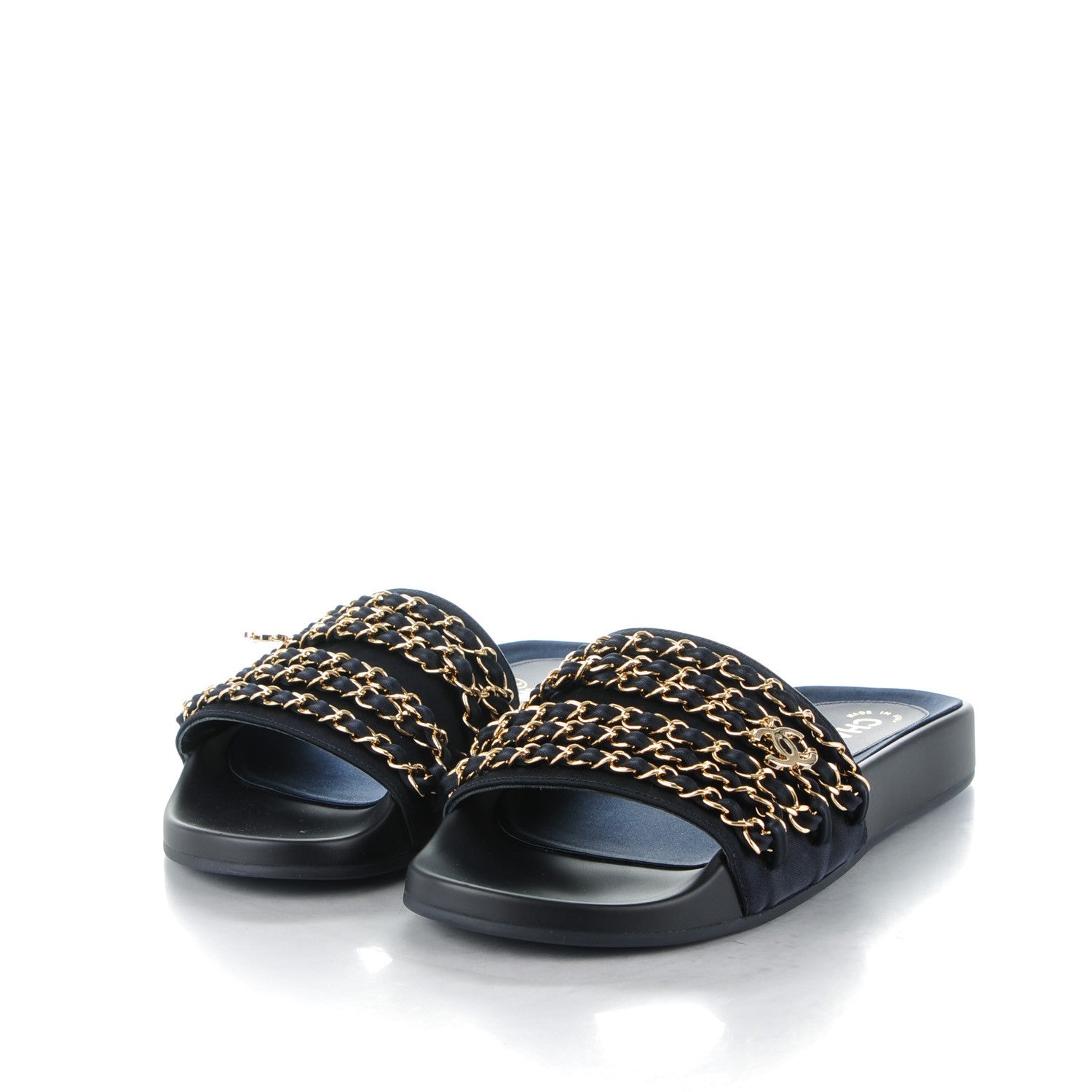 Chanel Lambskin Canvas Chain Flat Sandals 37 Marine 3 of 7