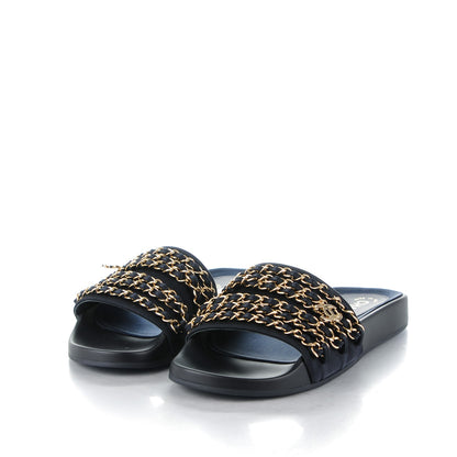 Chanel Lambskin Canvas Chain Flat Sandals 37 Marine 3 of 7