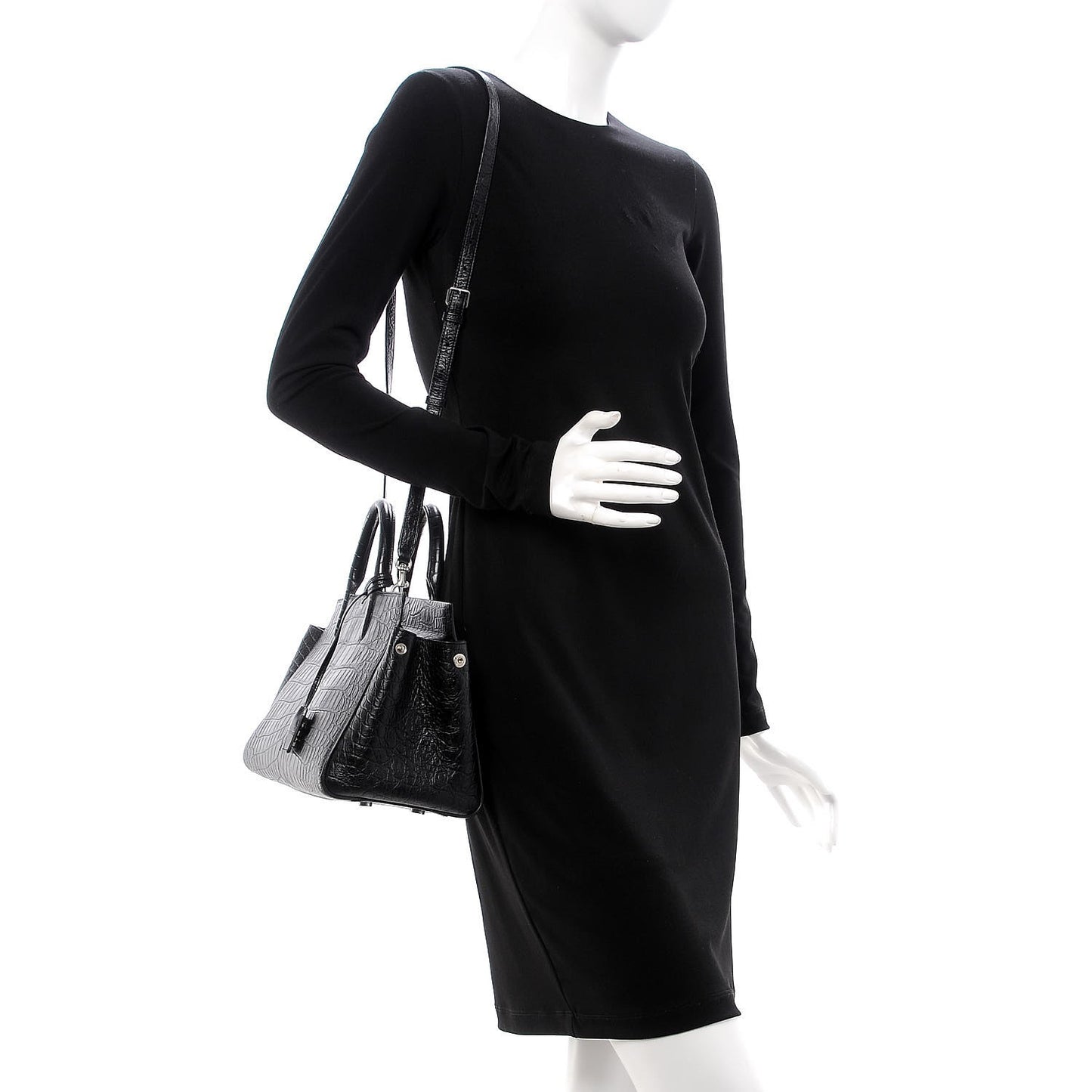 Calfskin Crocodile Embossed Small Cabas Rive Gauche Black