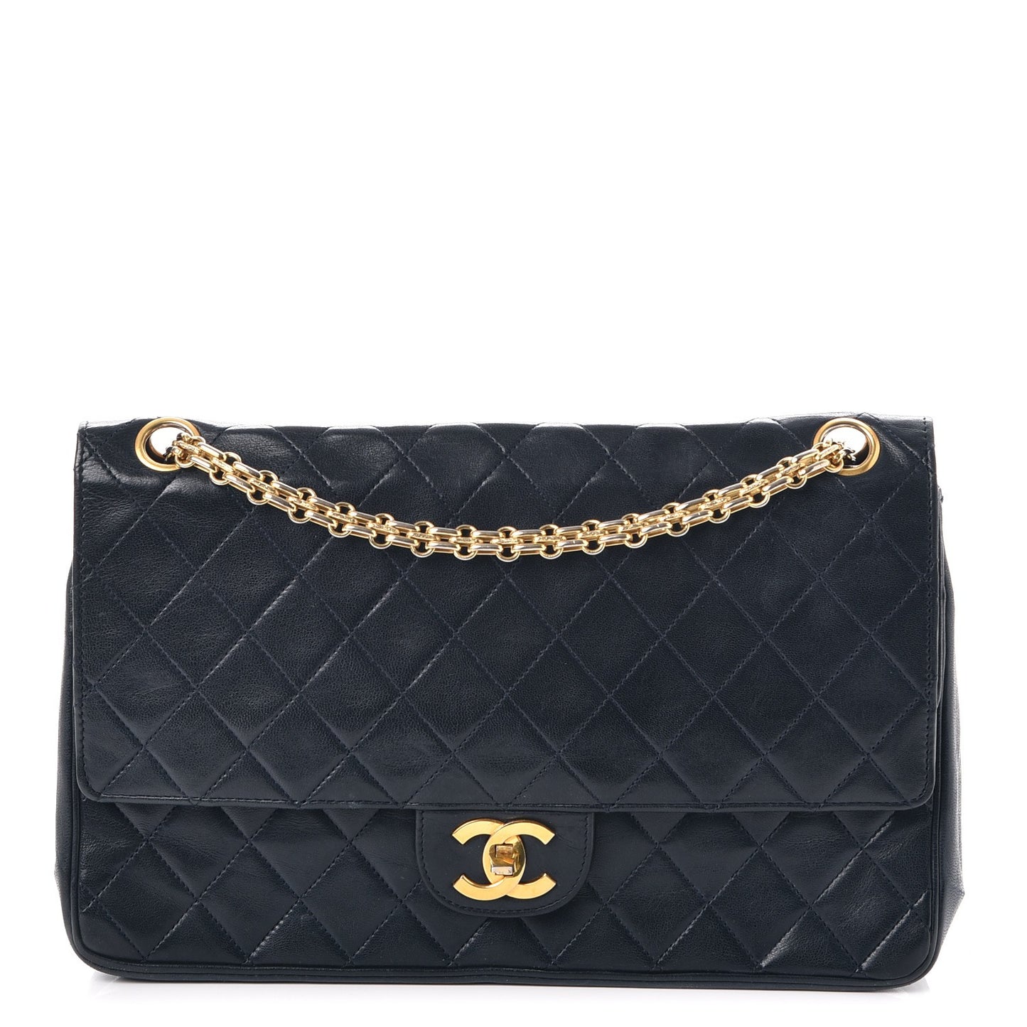 Lambskin Medium Mademoiselle Chain Double Flap Navy