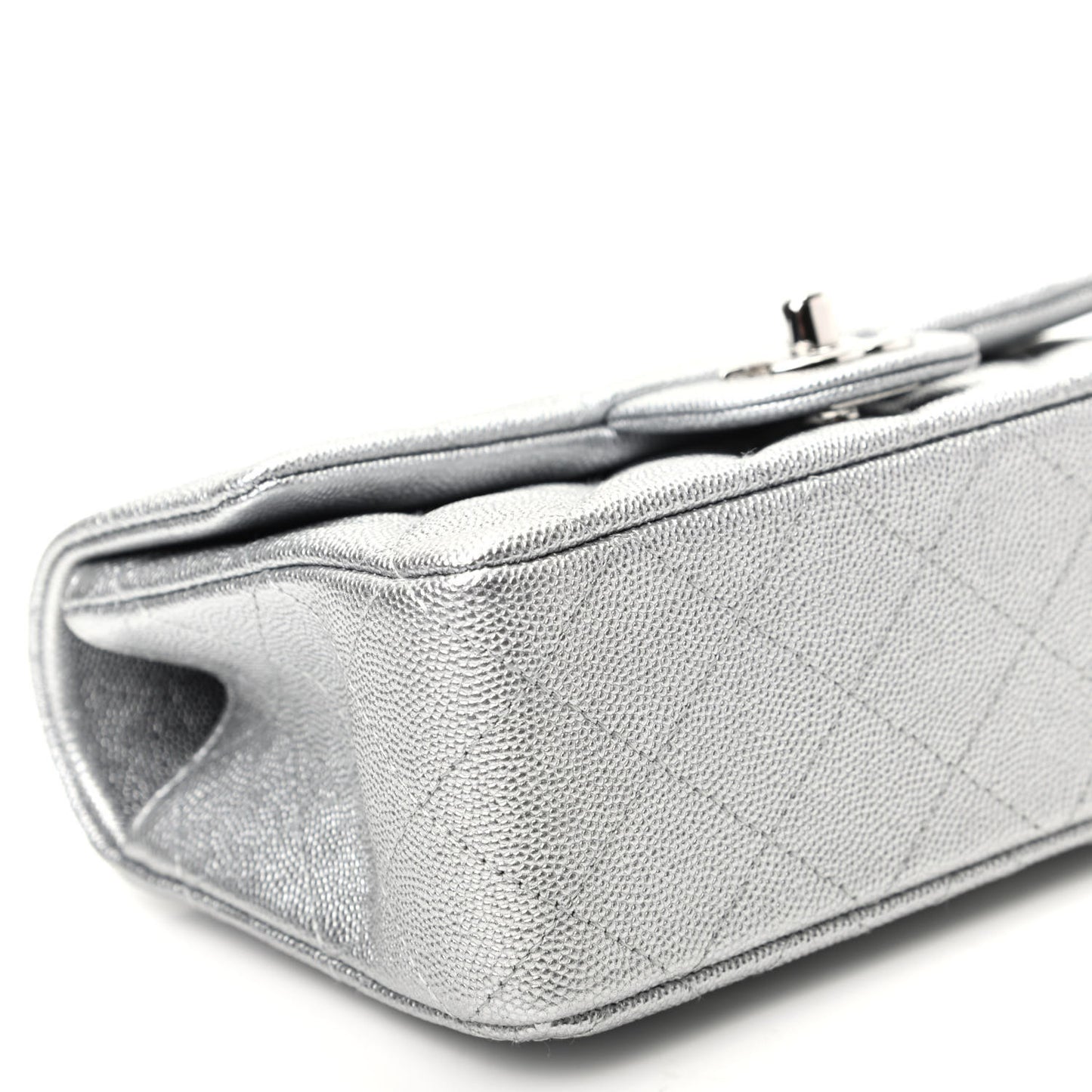 Metallic Caviar Quilted Mini Top Handle Rectangular Flap Silver