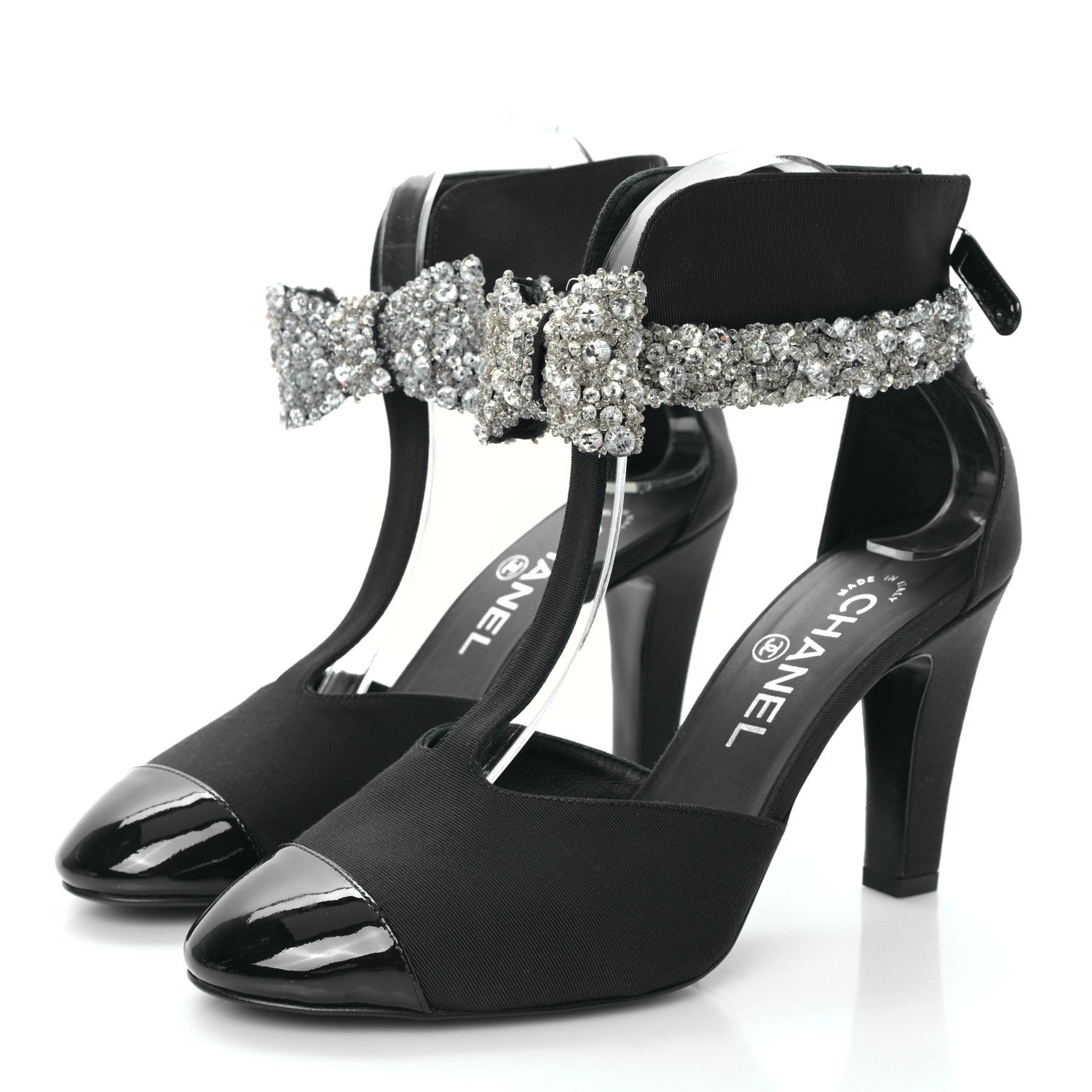 Chanel Crosgrain Patent Cap Toe Bow Crystal Pumps 37 Black 3 of 8