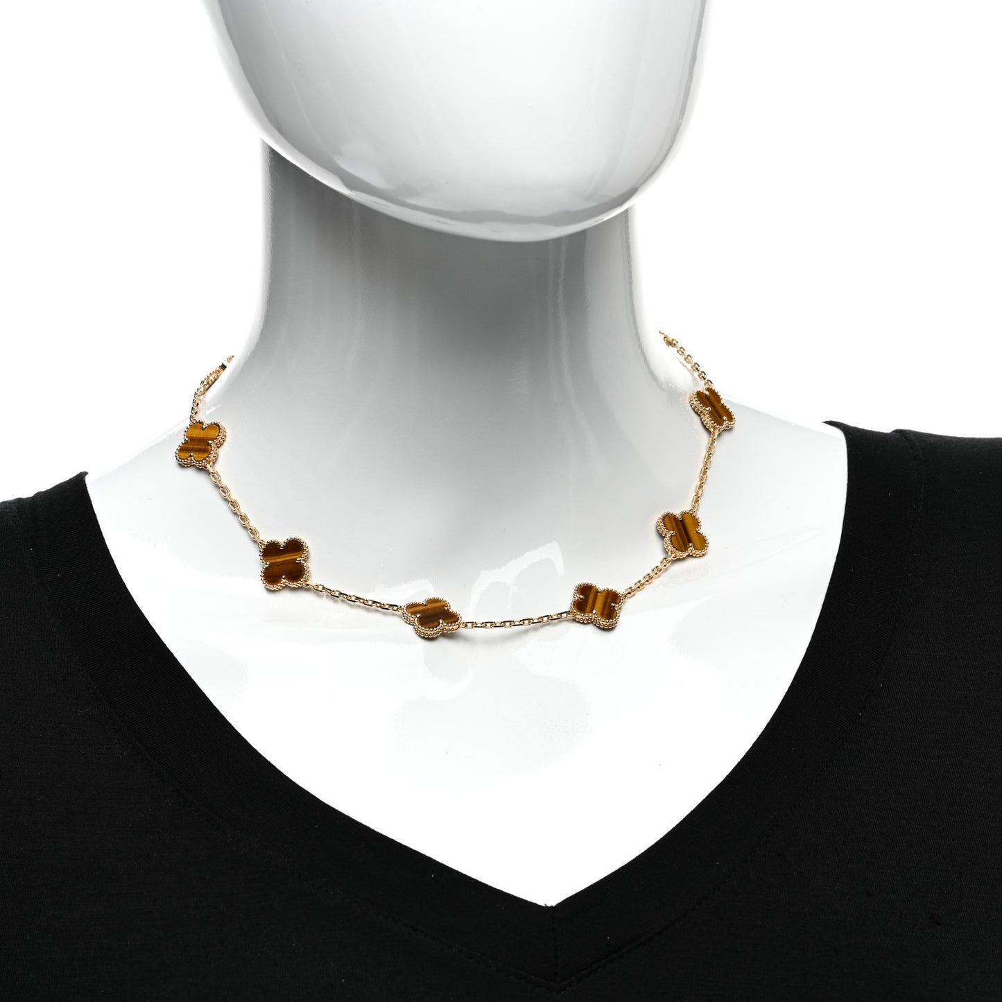 18K Yellow Gold Tiger Eye 10 Motifs Vintage Alhambra Necklace