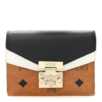 MCM Calfskin Visetos Monogram Patricia Color Block Trifold Wallet Cognac Black White 1 of 6