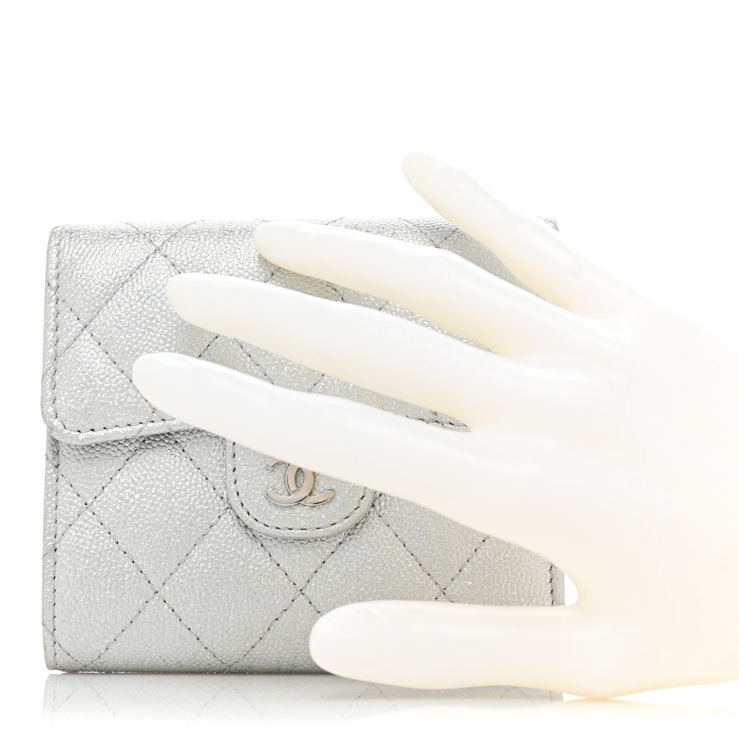 Metallic Caviar Quilted Compact Flap Wallet Silver