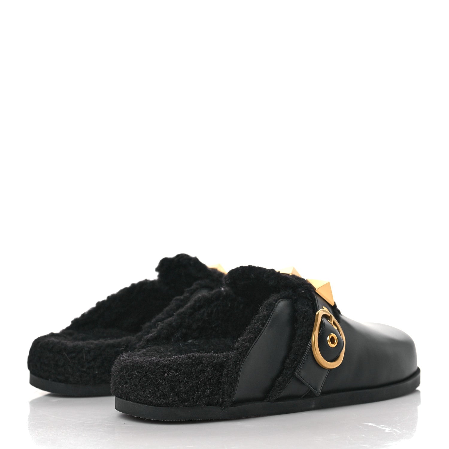 Valentino Garavani Calfskin Shearling Roman Stud River Slippers 36 Black 4 of 7