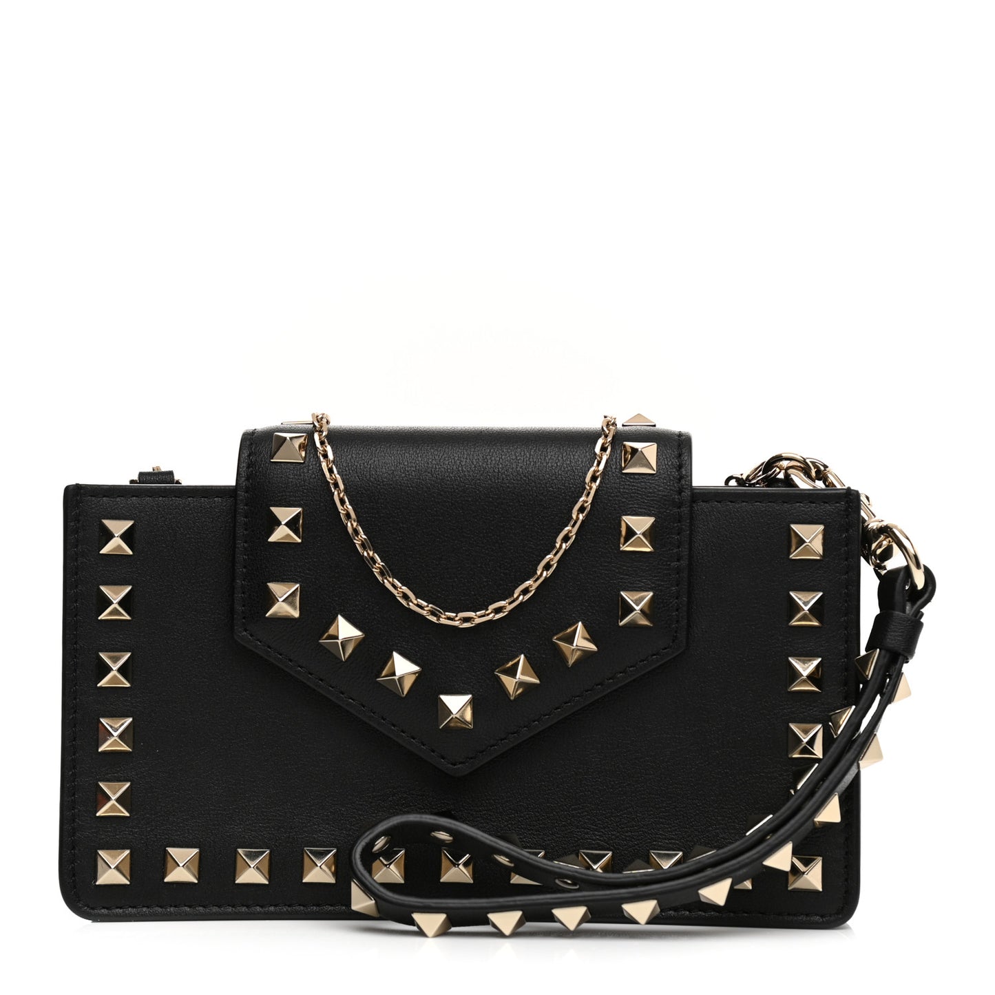 Calfskin Rockstud Phone Case With Chain Black
