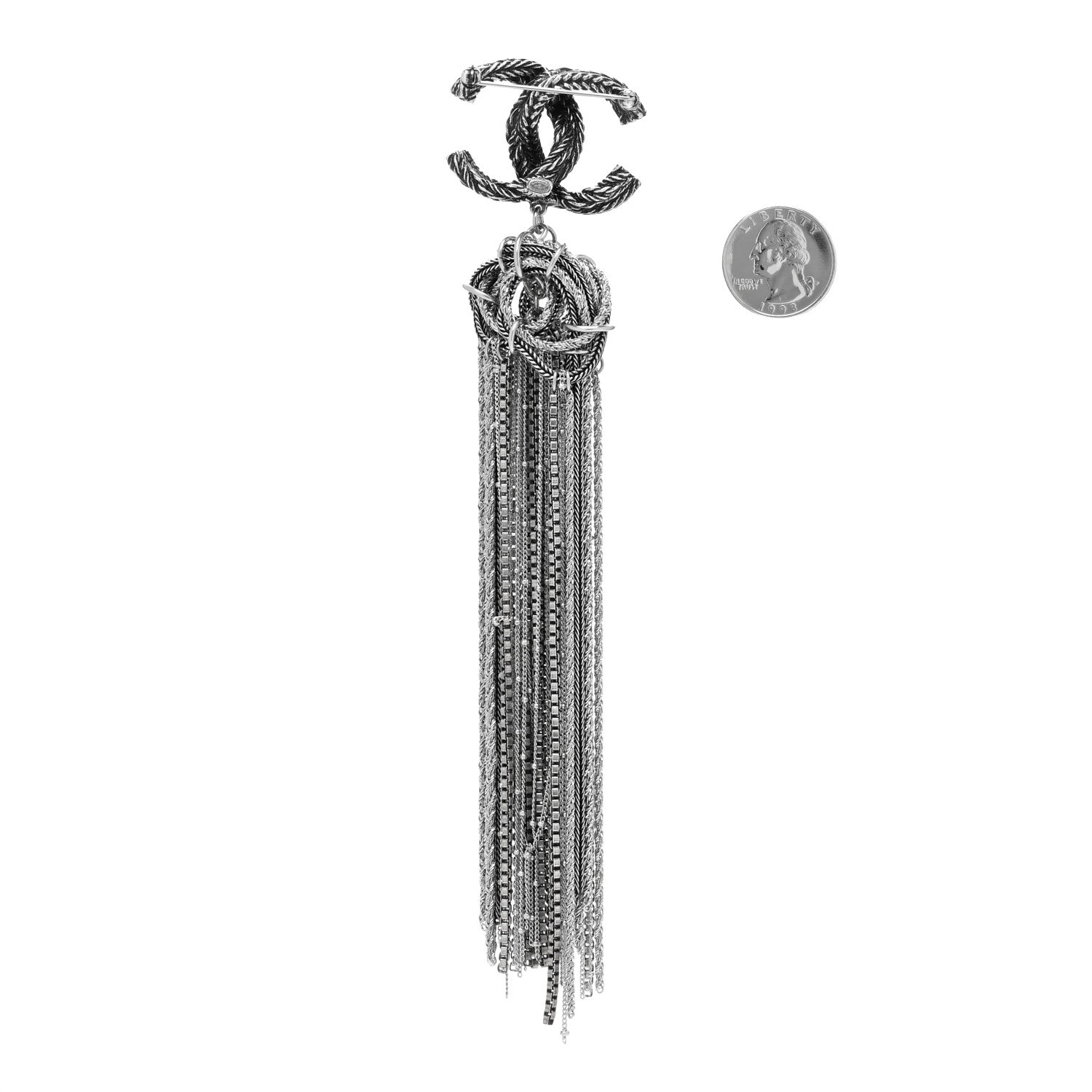 Chanel Crystal Chain Fringe CC Brooch Silver 2 of 3