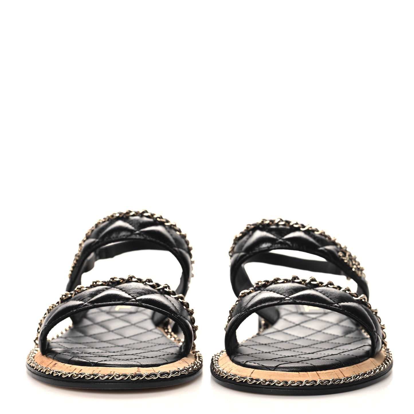 Shiny Lambskin Quilted Chain CC Sandals 40 Black