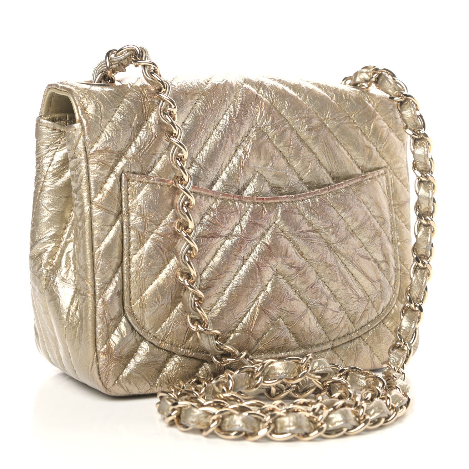 Chanel Patent Metallic Crumpled Calfskin Chevron Quilted Mini Square Flap Gold 2 of 7