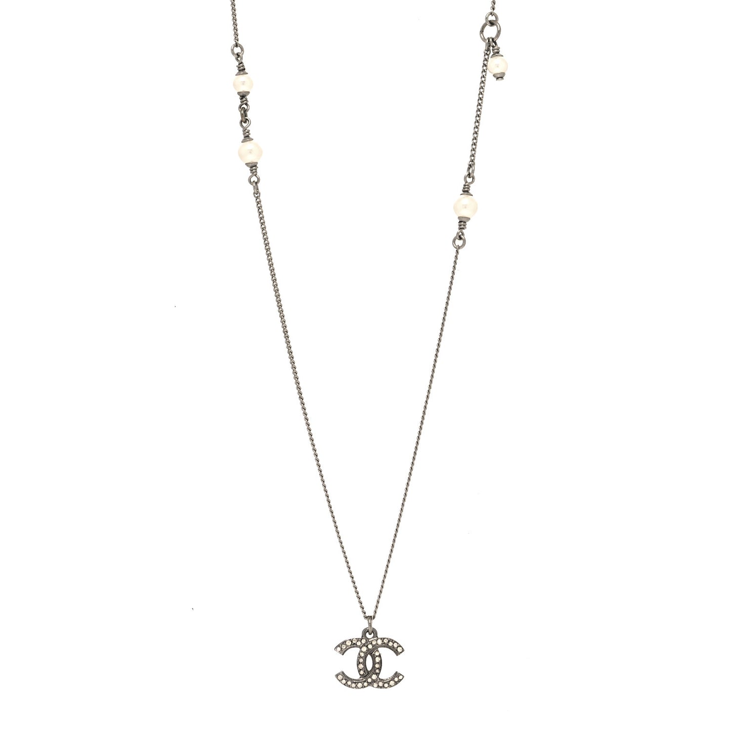 Crystal Pearl CC Pendant Necklace Silver