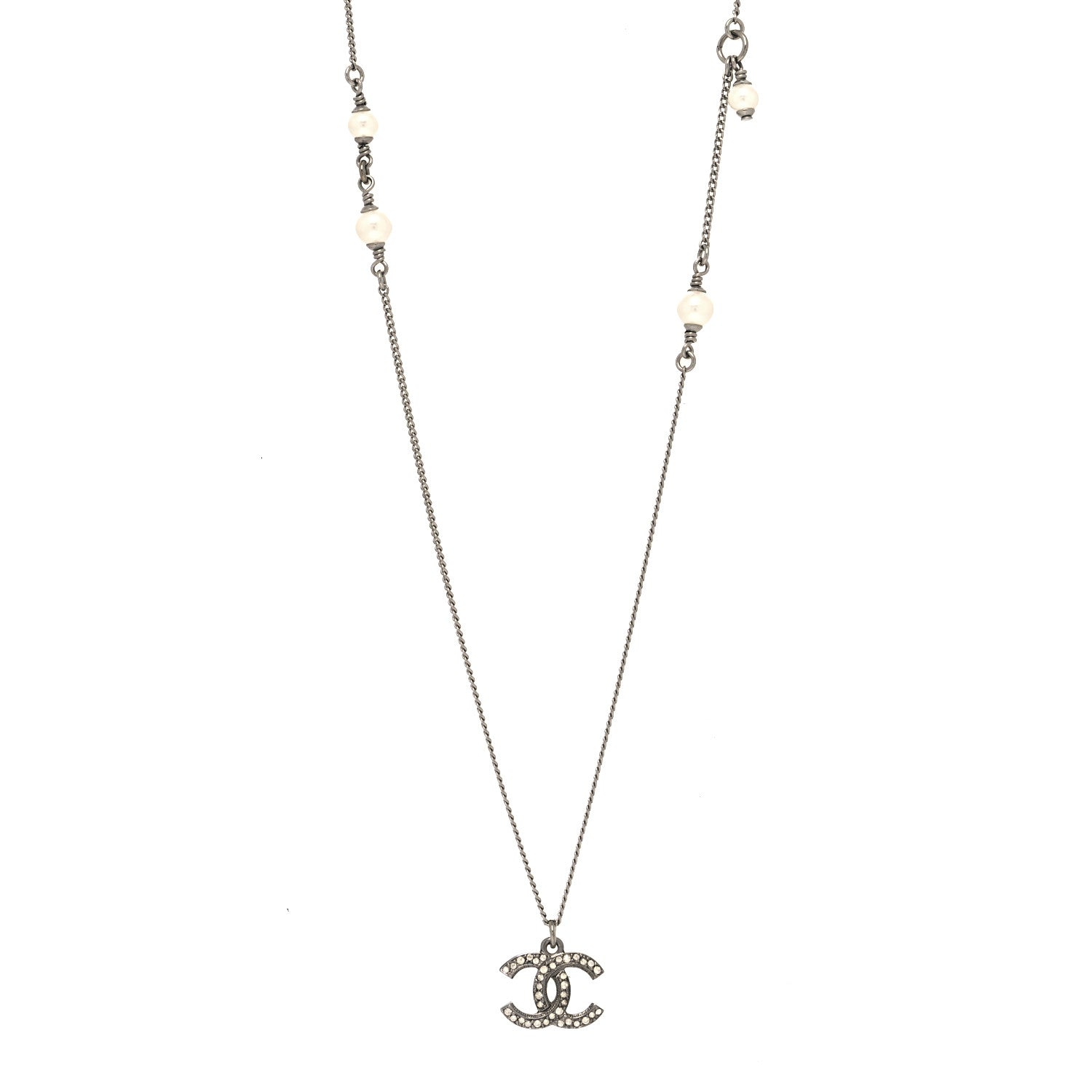 Chanel Crystal Pearl CC Pendant Necklace Silver 1 of 5