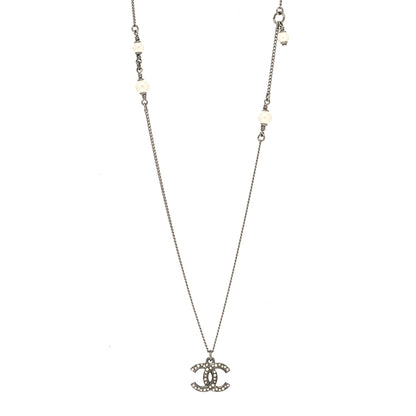 Chanel Crystal Pearl CC Pendant Necklace Silver 1 of 5