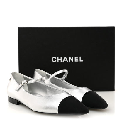 Chanel Laminated Calfskin Grosgrain Mary Janes Flats 40 Silver Black 9 of 9