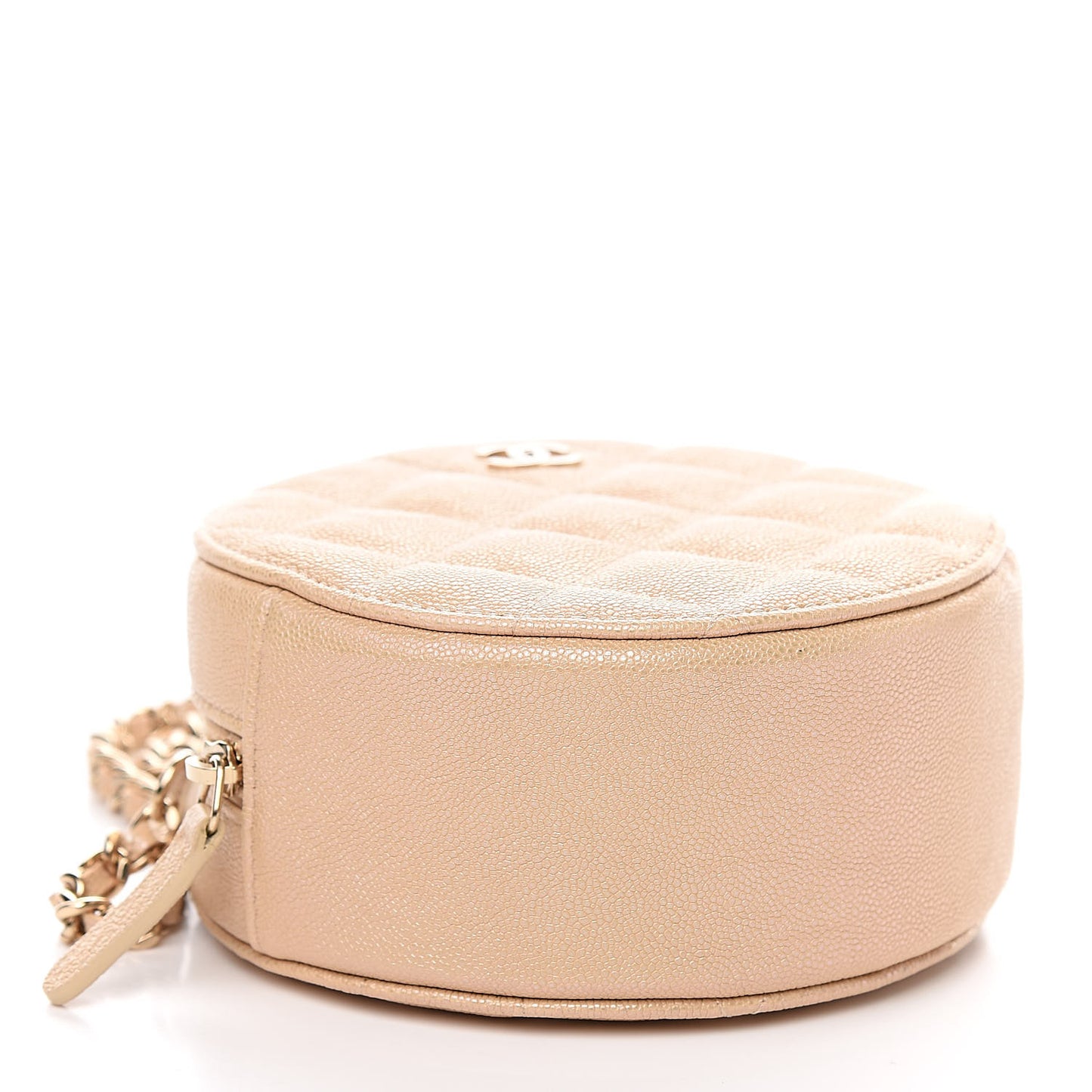 Iridescent Caviar Quilted Round Clutch With Chain Beige
