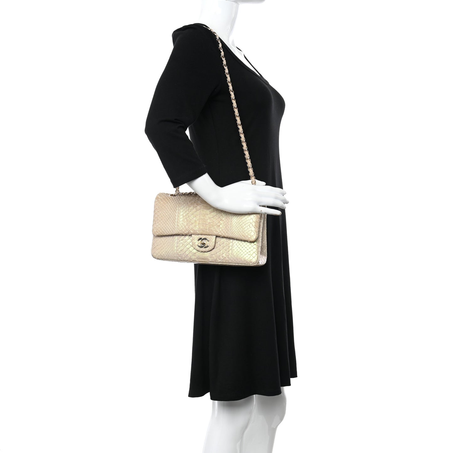 Metallic Snakeskin Medium Double Flap Light Beige